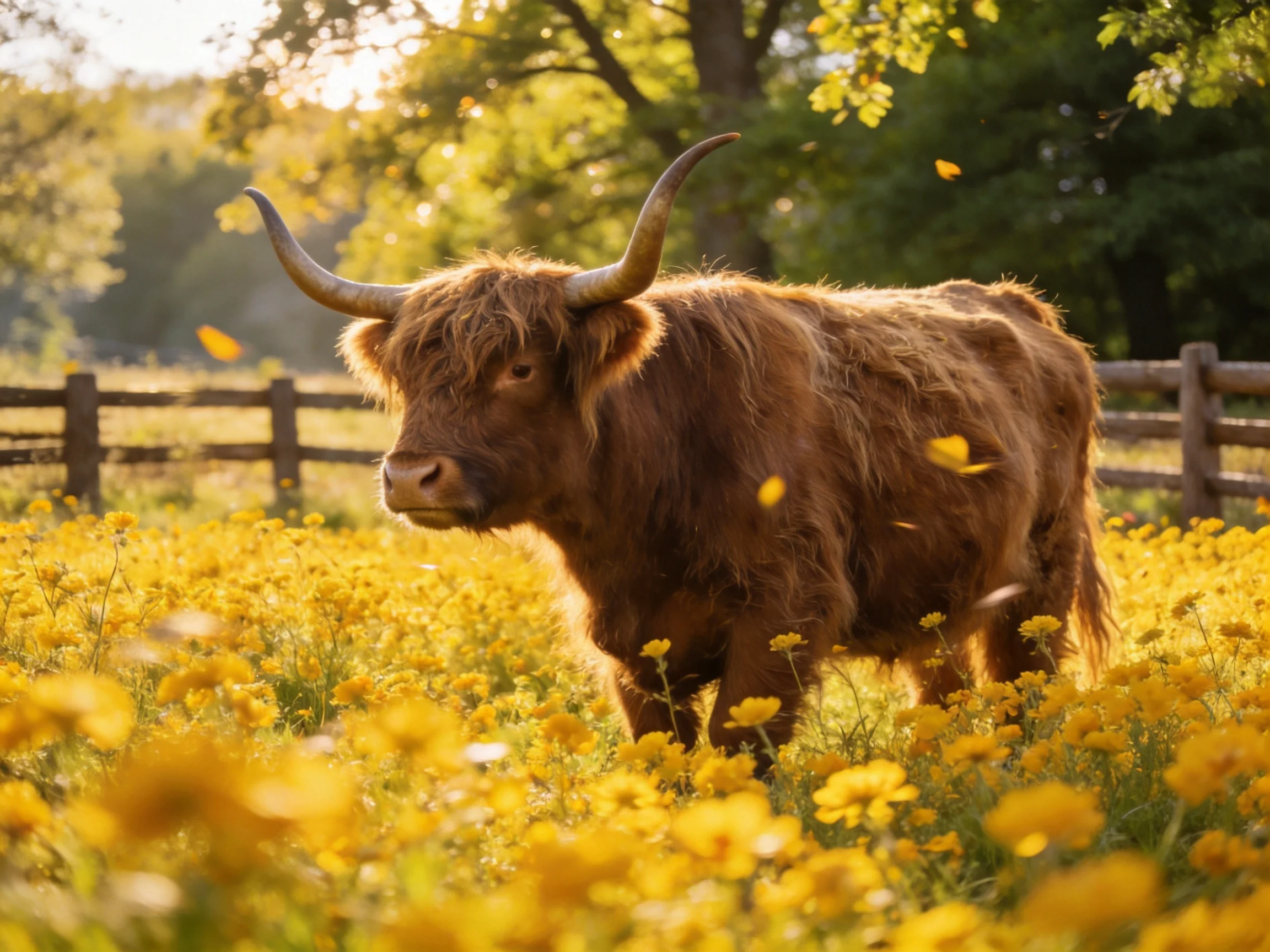 A shaggy brown Highland cow in a field of golden wildflowers