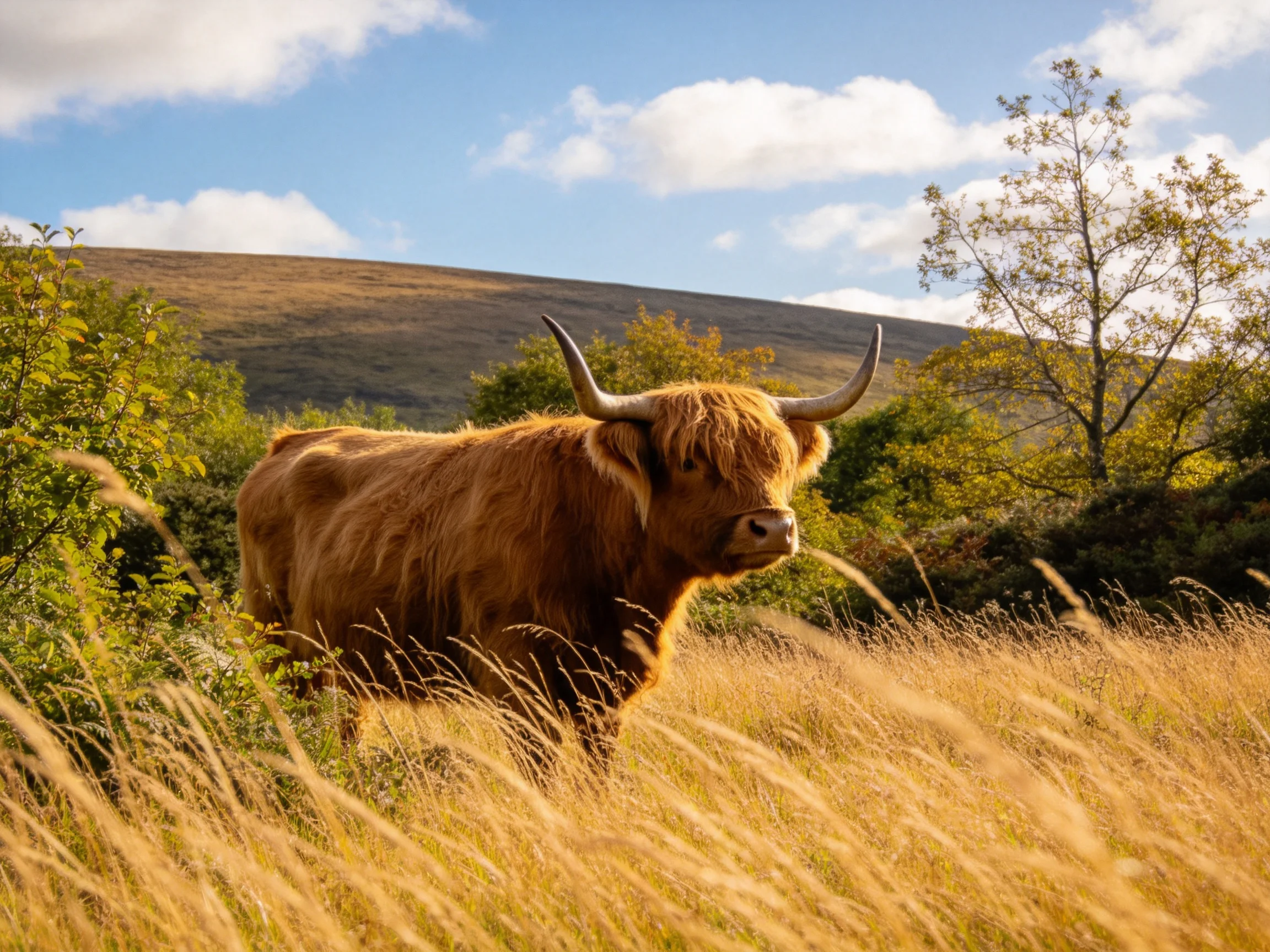 A shaggy brown Highland cow in a golden meadow with green trees