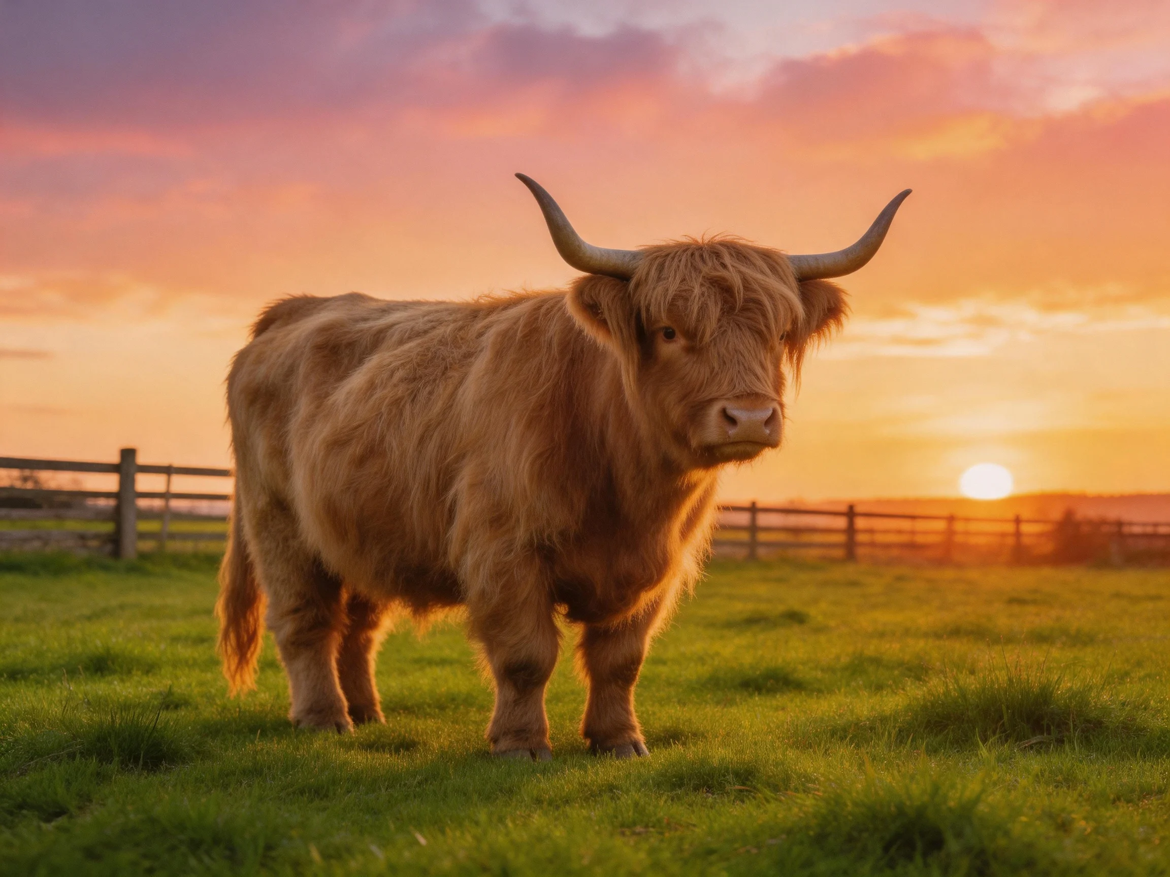 A shaggy brown Highland cow in a green pasture at sunset