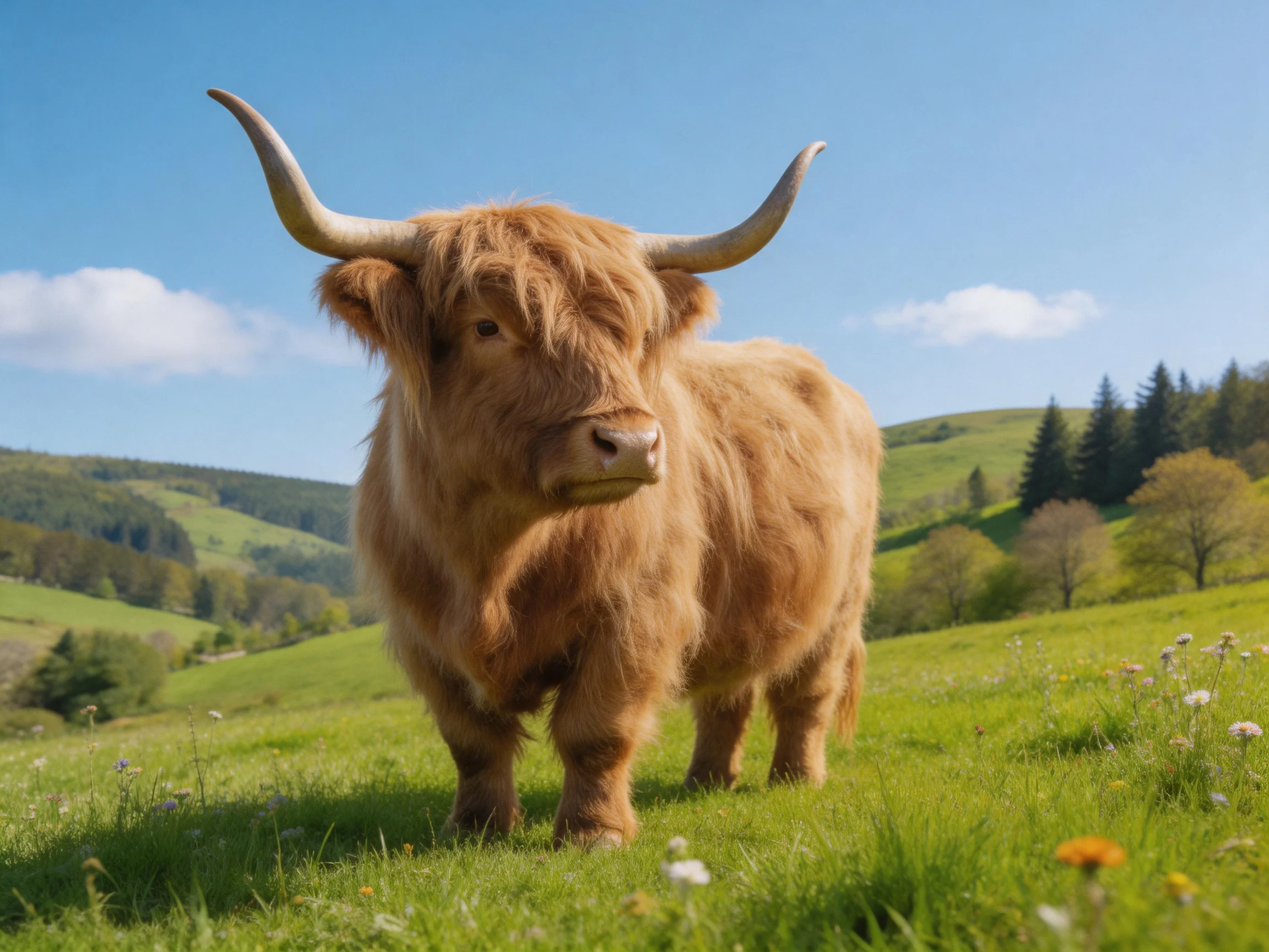A shaggy brown Highland cow in a lush green meadow
