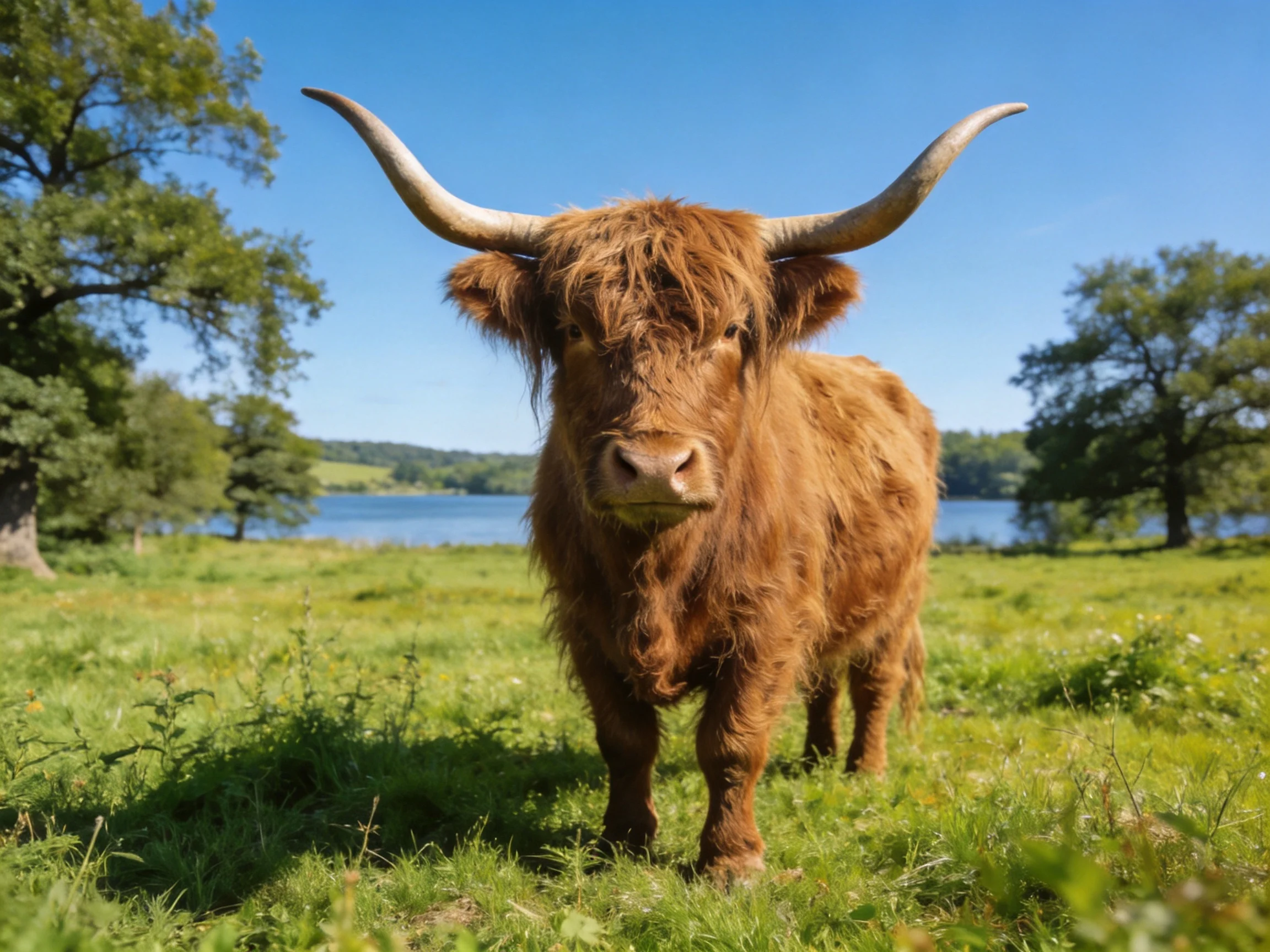 A shaggy brown Highland cow in a lush green meadow near a blue lake