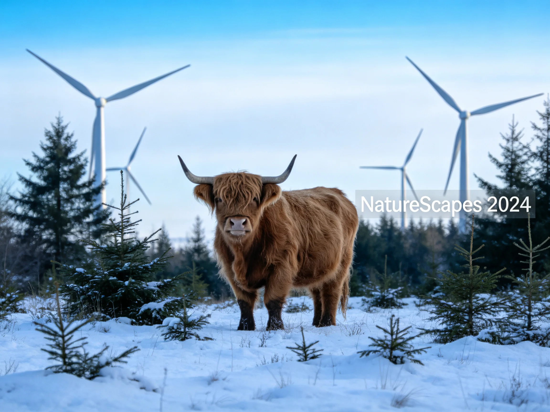 A shaggy brown Highland cow in a snowy forest with wind turbines