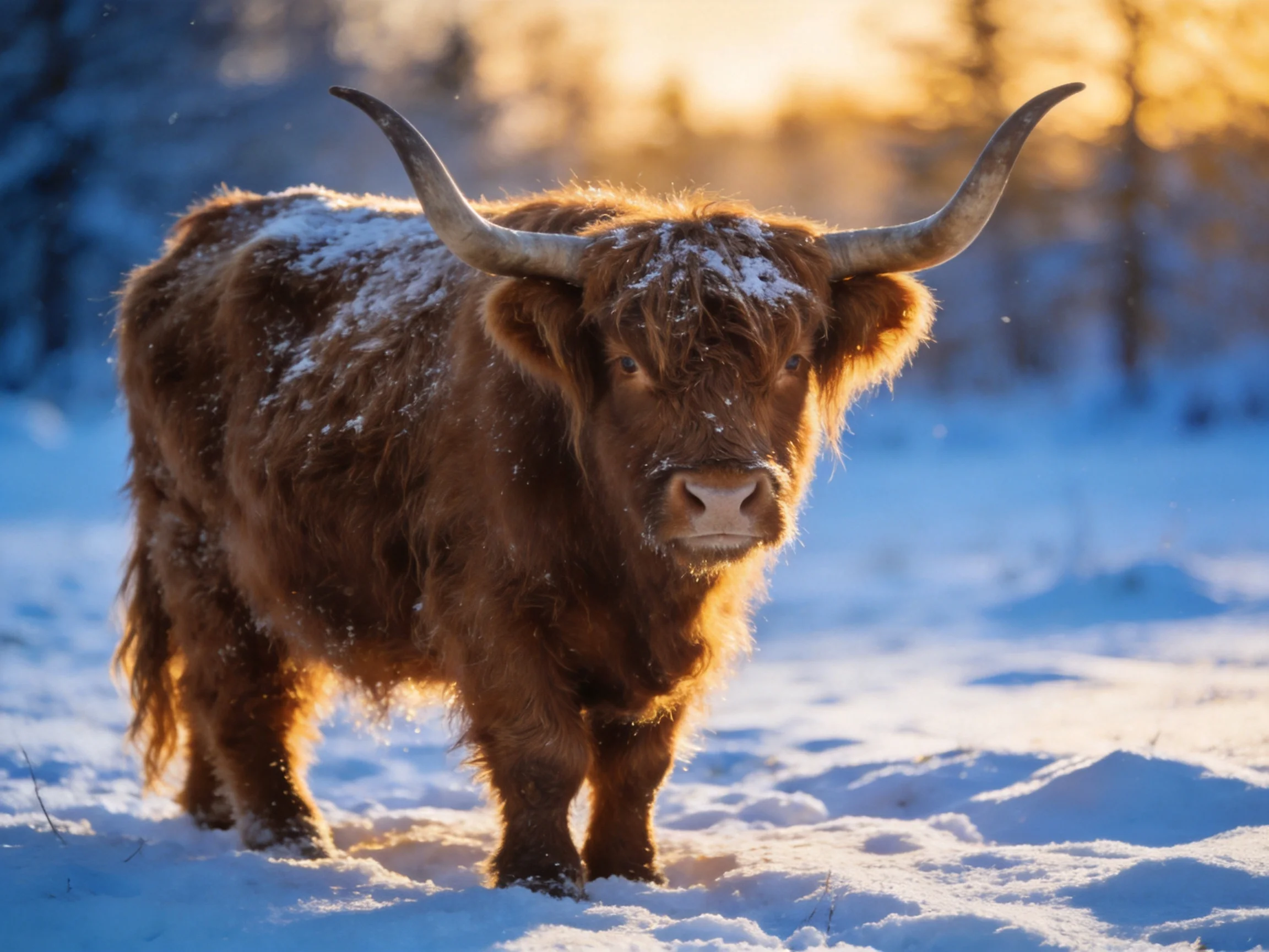 A shaggy brown Highland cow stands in a snowy landscape during golden hour.