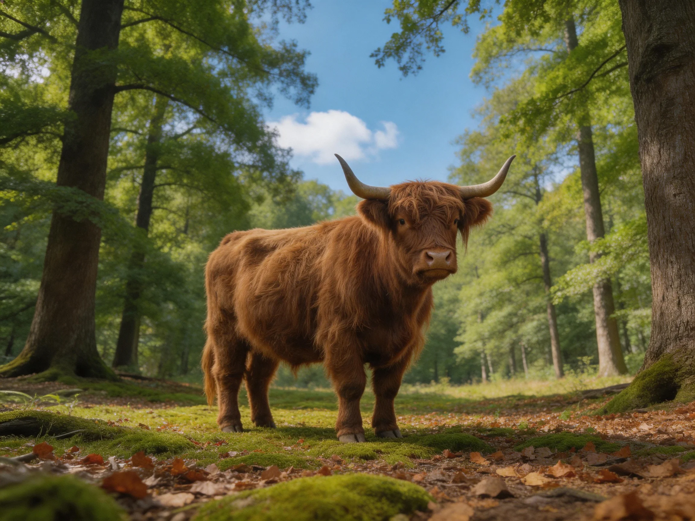 A shaggy brown Highland cow in a sun-dappled forest clearing