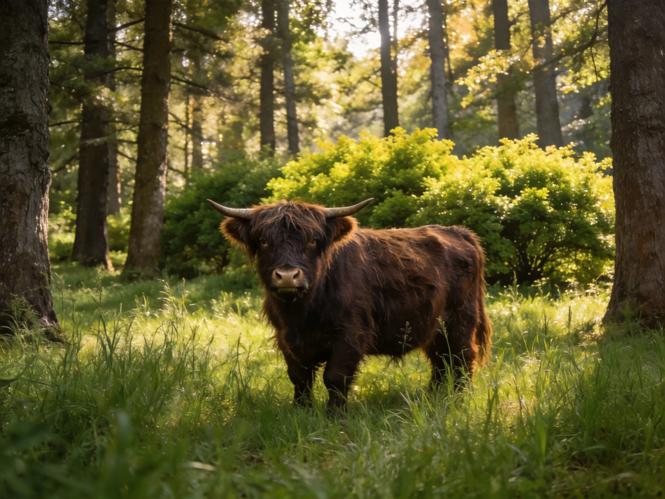 A shaggy brown Highland cow in a sun-dappled forest with tall trees
