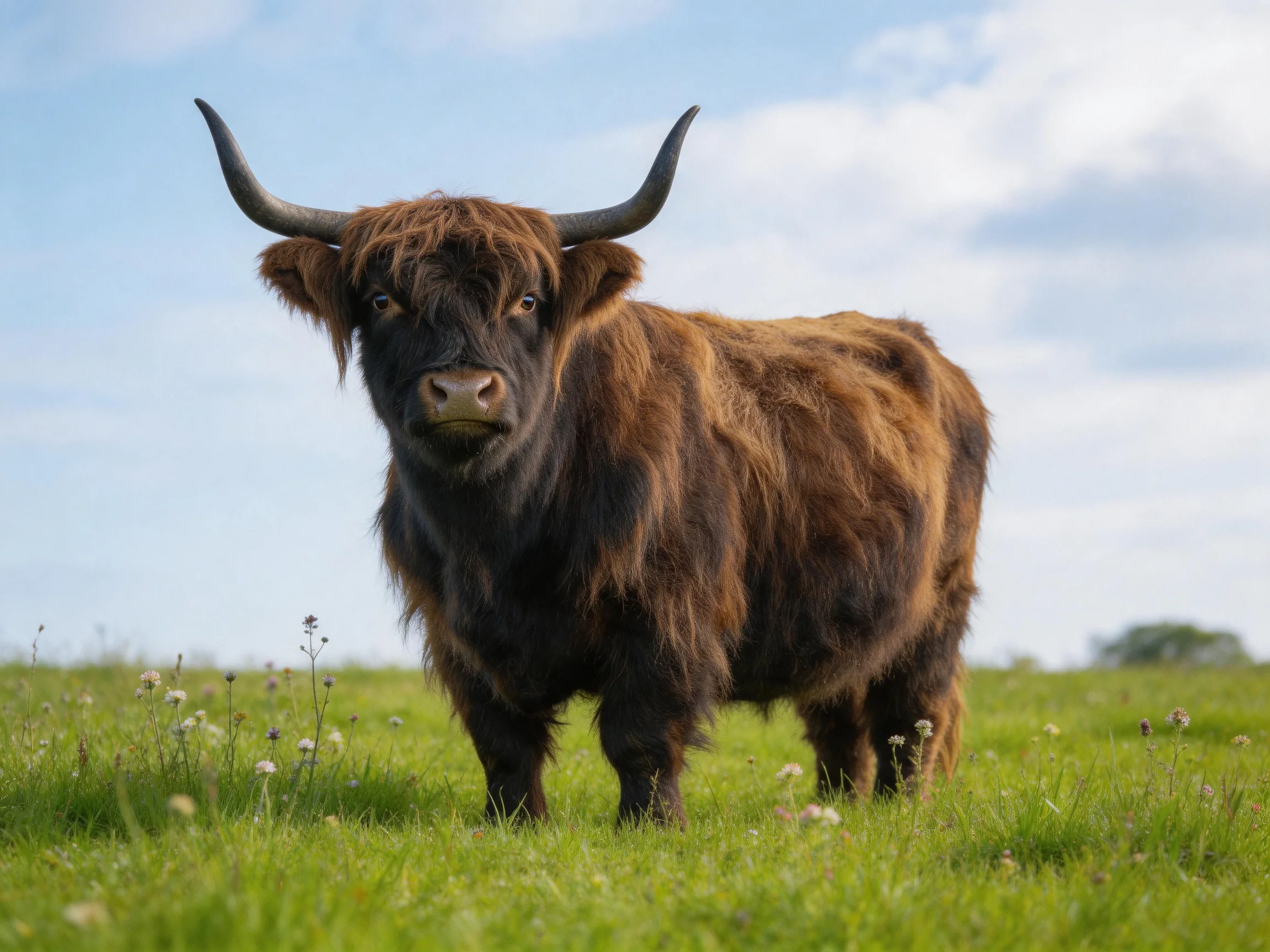A shaggy brown Highland cow in a sun-dappled green meadow