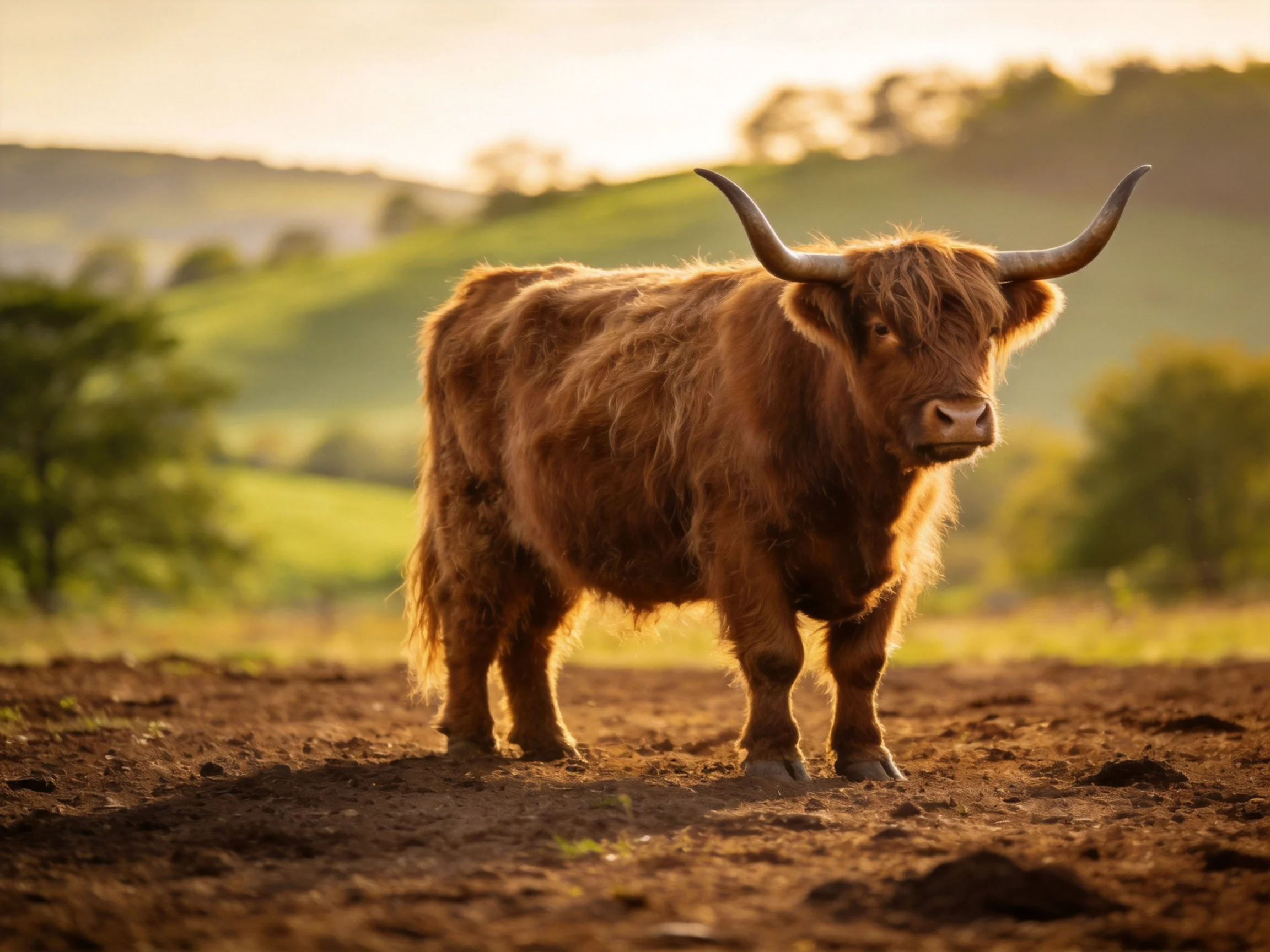 A shaggy brown Highland cow in a sunlit countryside field