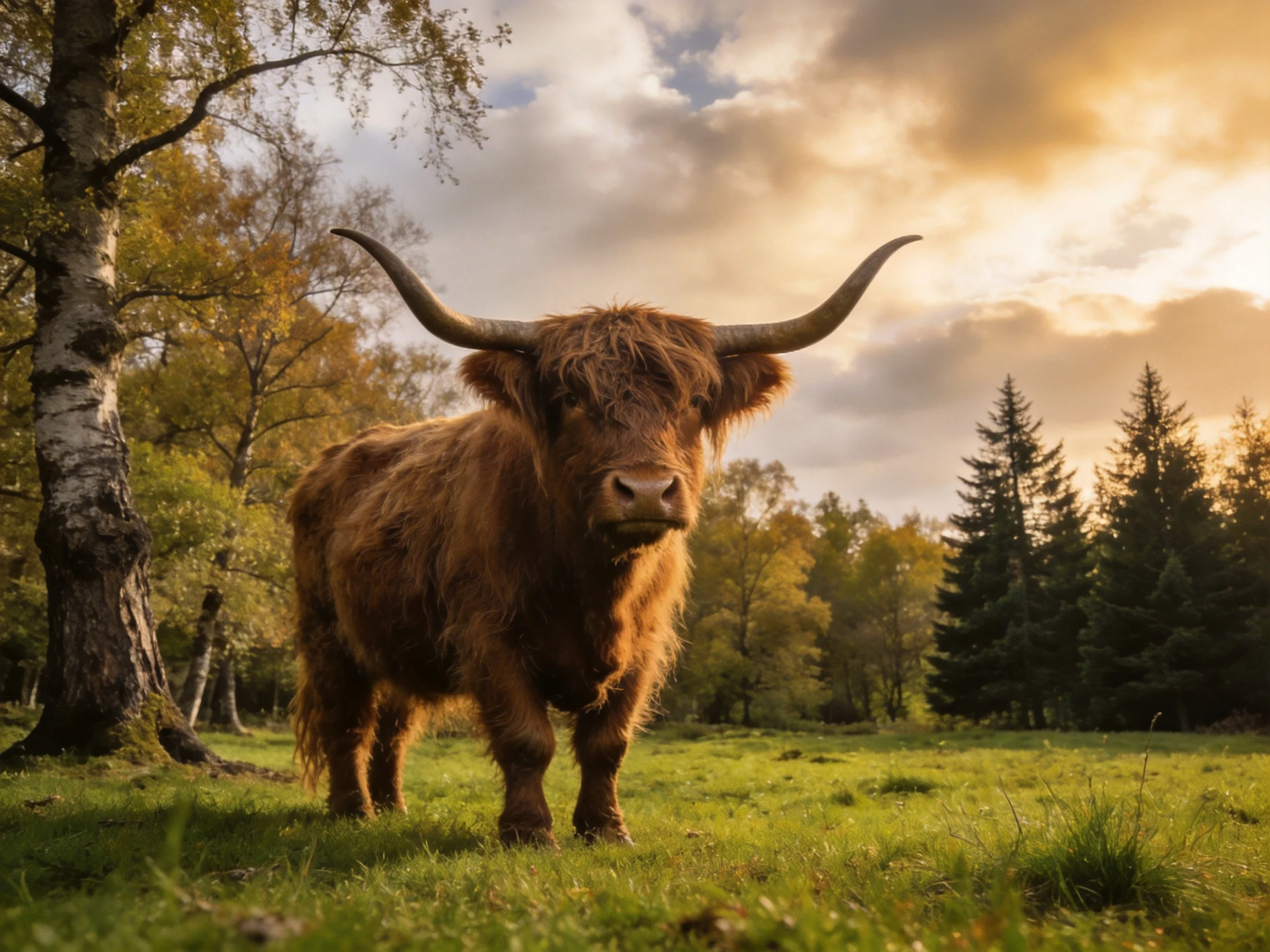 A shaggy brown Highland cow in a sunlit forest clearing