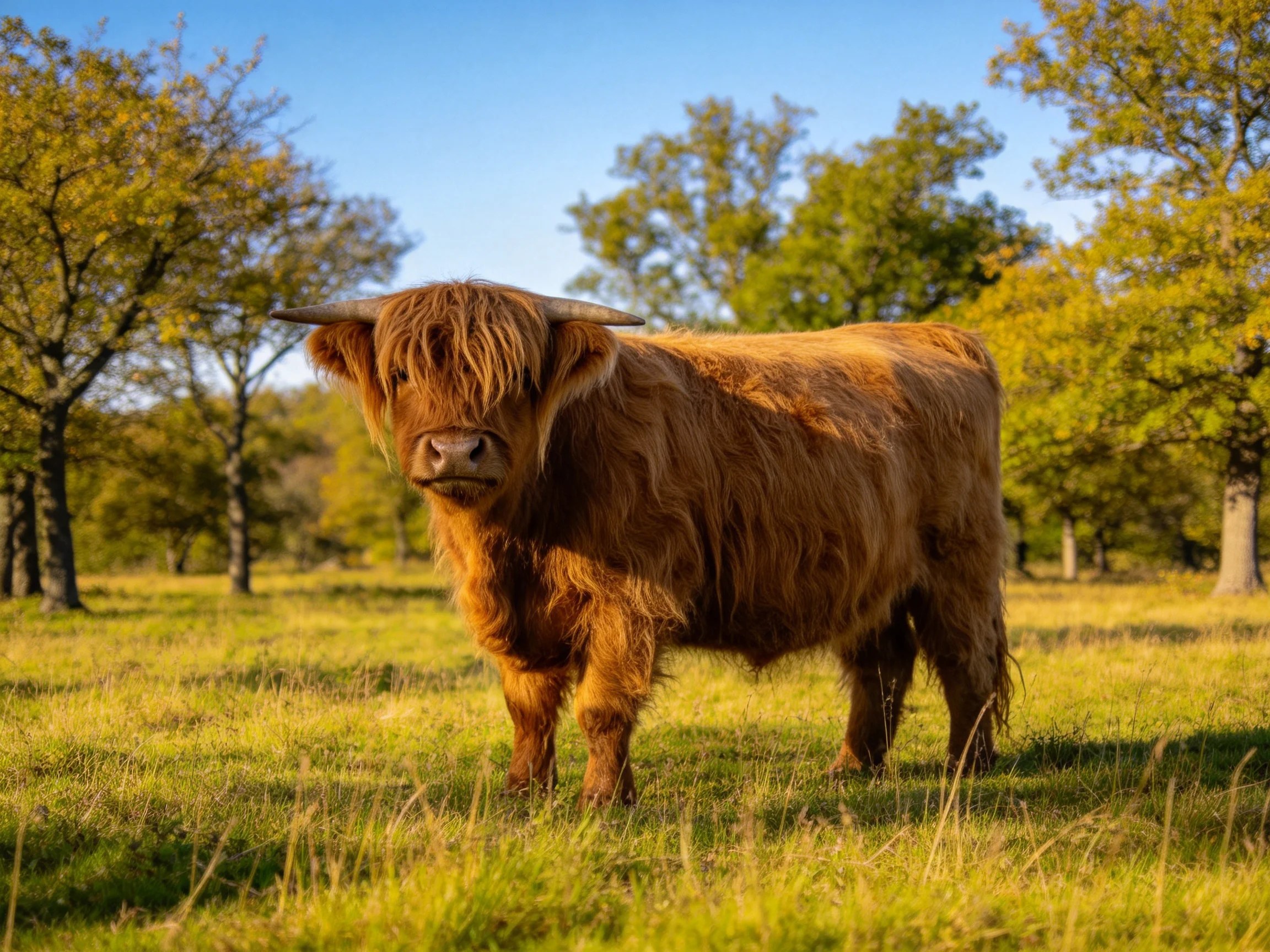 A shaggy brown Highland cow in a sunlit grassy field
