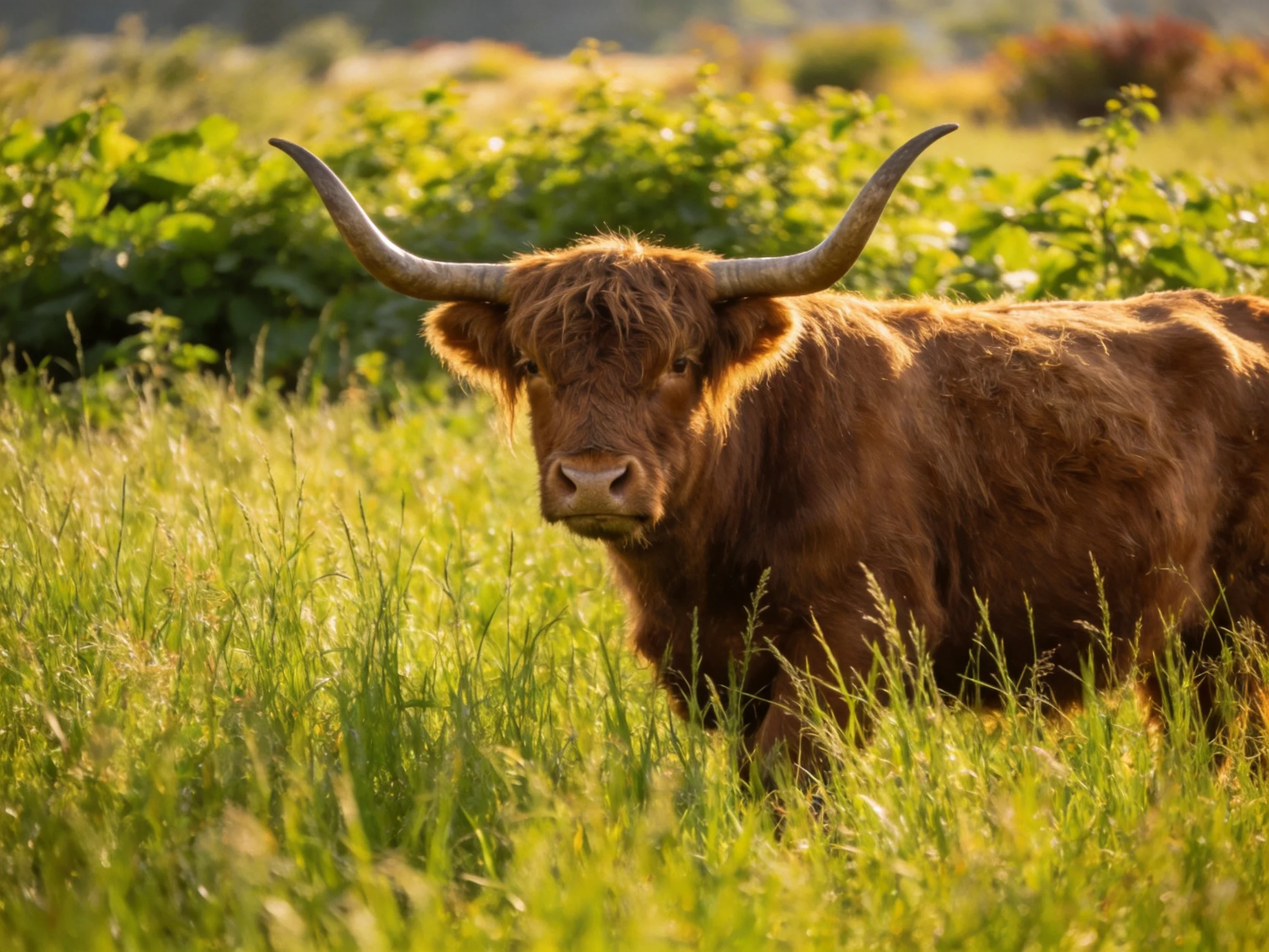 A shaggy brown Highland cow in a sunlit grassy field