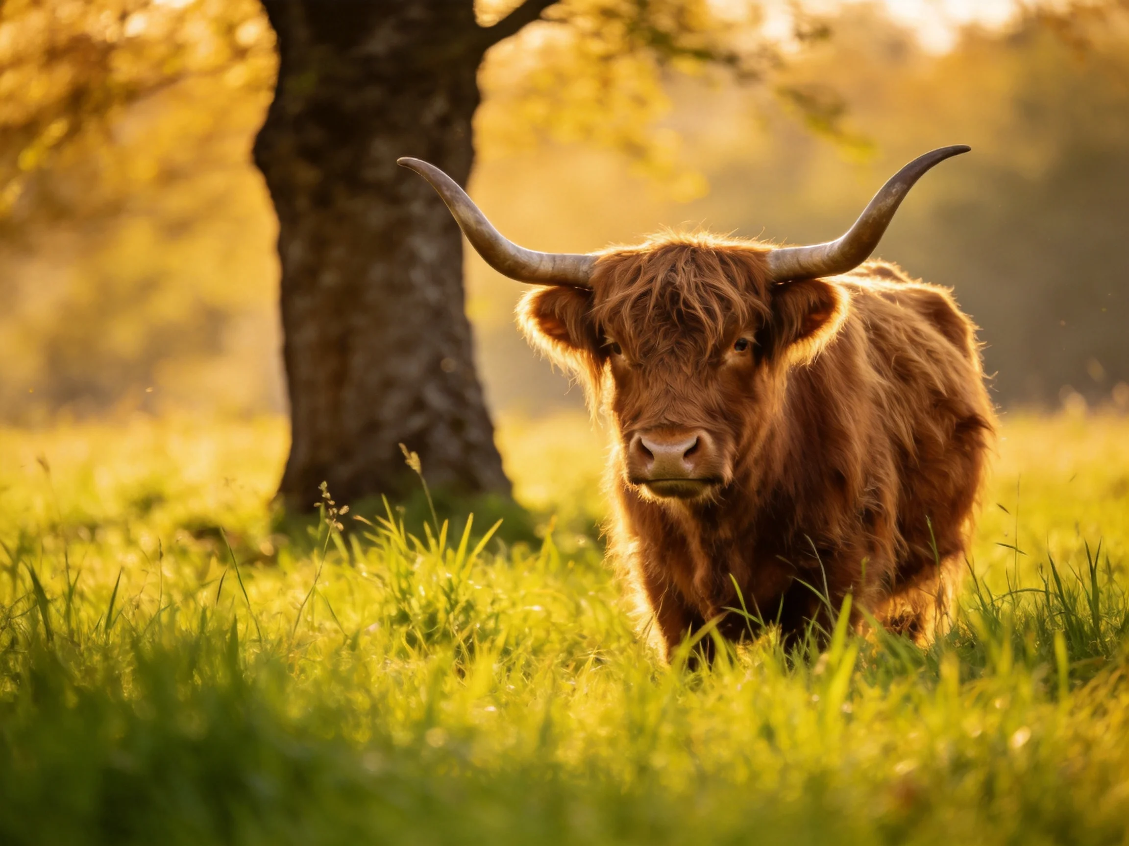 A shaggy brown Highland cow in a sunlit grassy meadow near a large tree