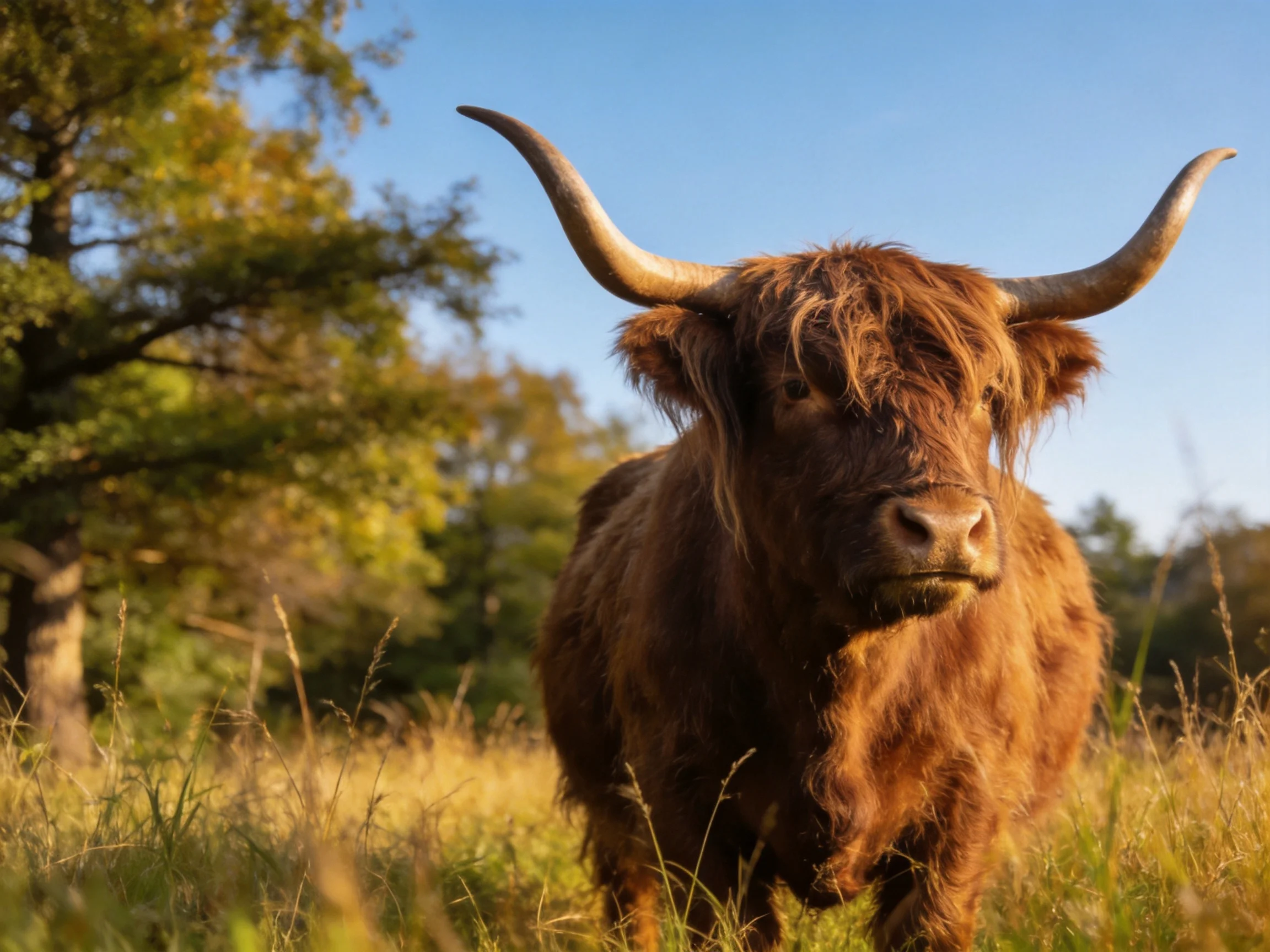 A shaggy brown Highland cow in a sunlit grassy meadow