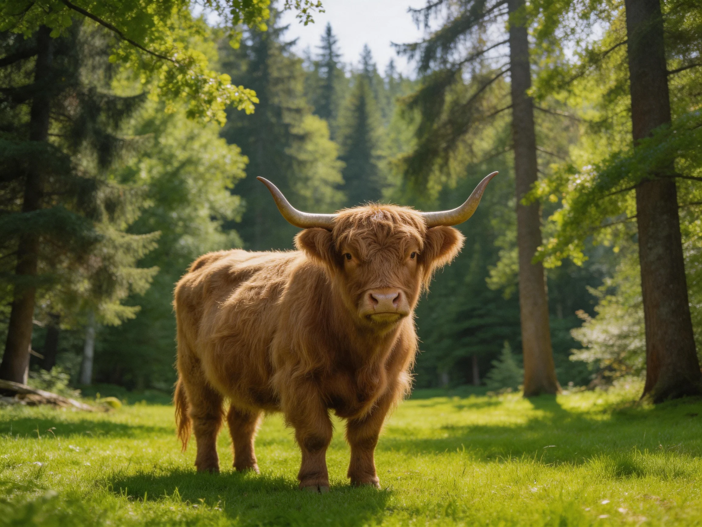 A shaggy brown Highland cow in a sunlit green forest clearing