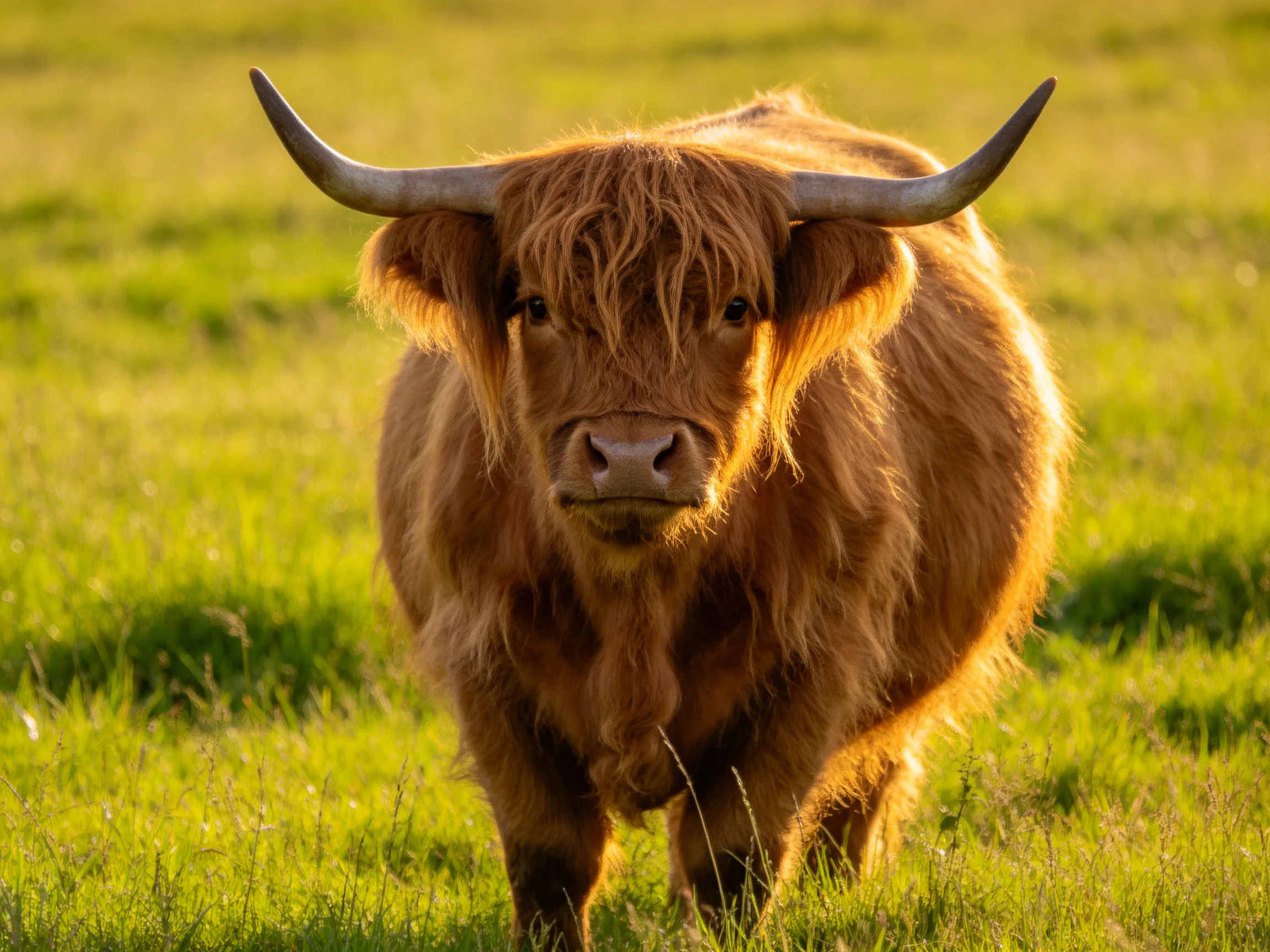A shaggy brown Highland cow in a sunlit green meadow