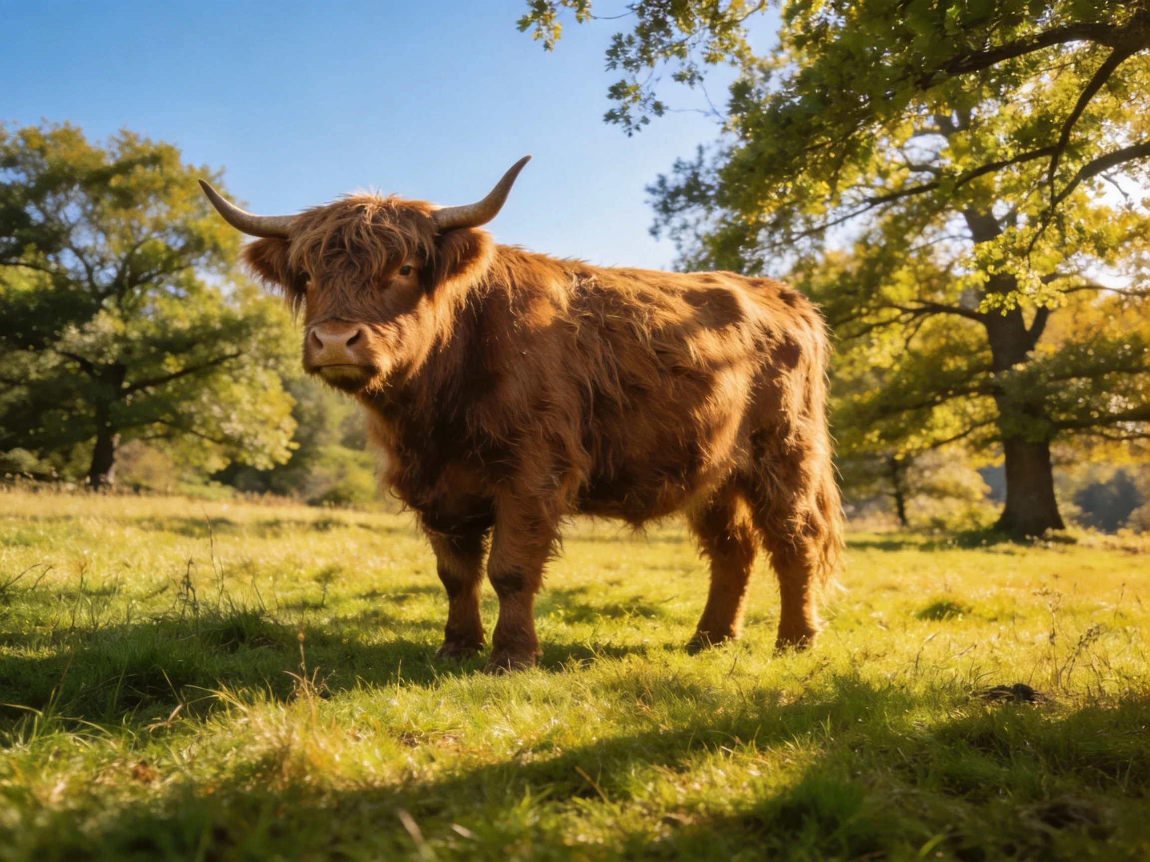 A shaggy brown Highland cow in a sunlit green meadow