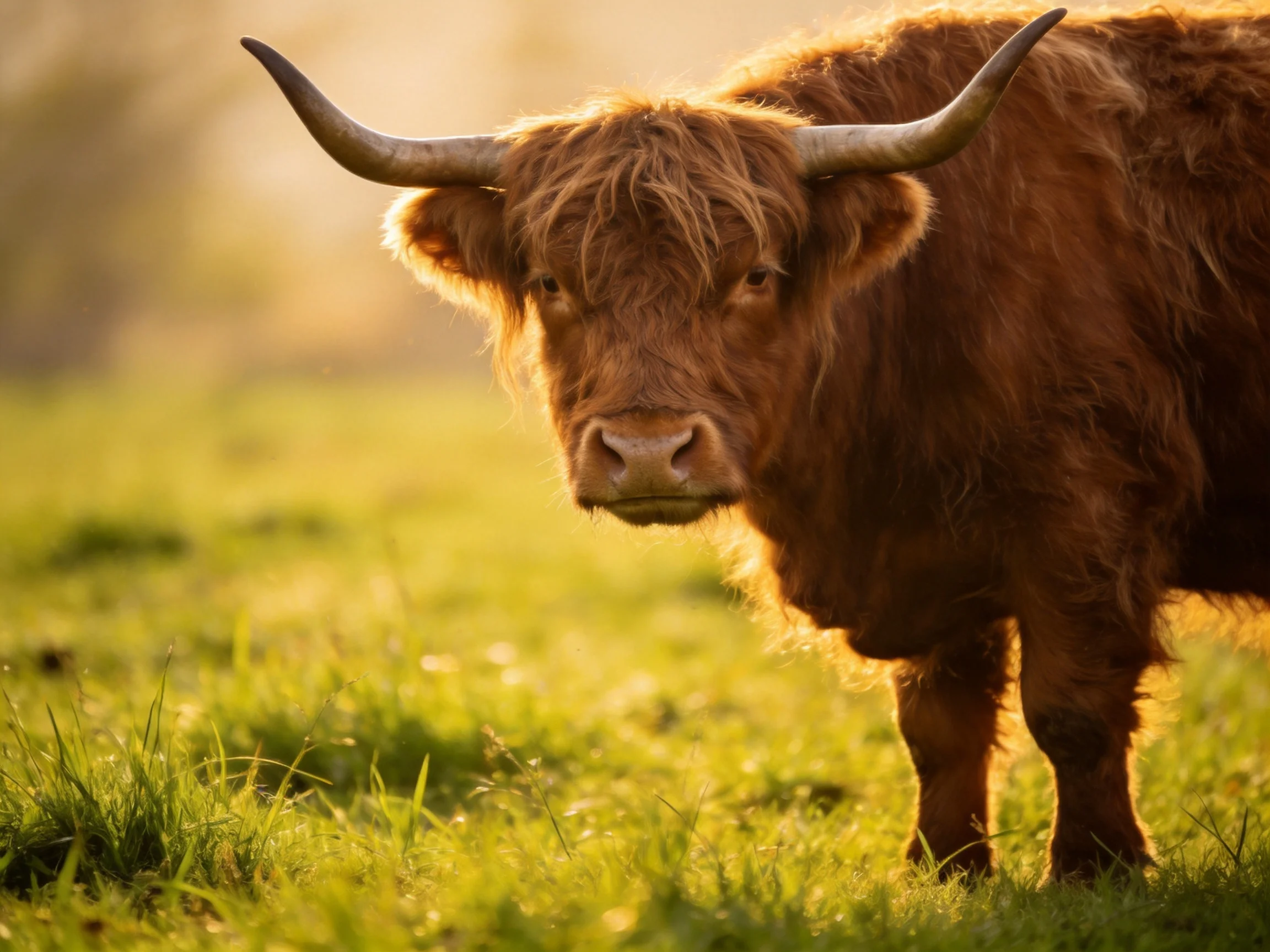 A shaggy brown Highland cow in a sunlit green meadow