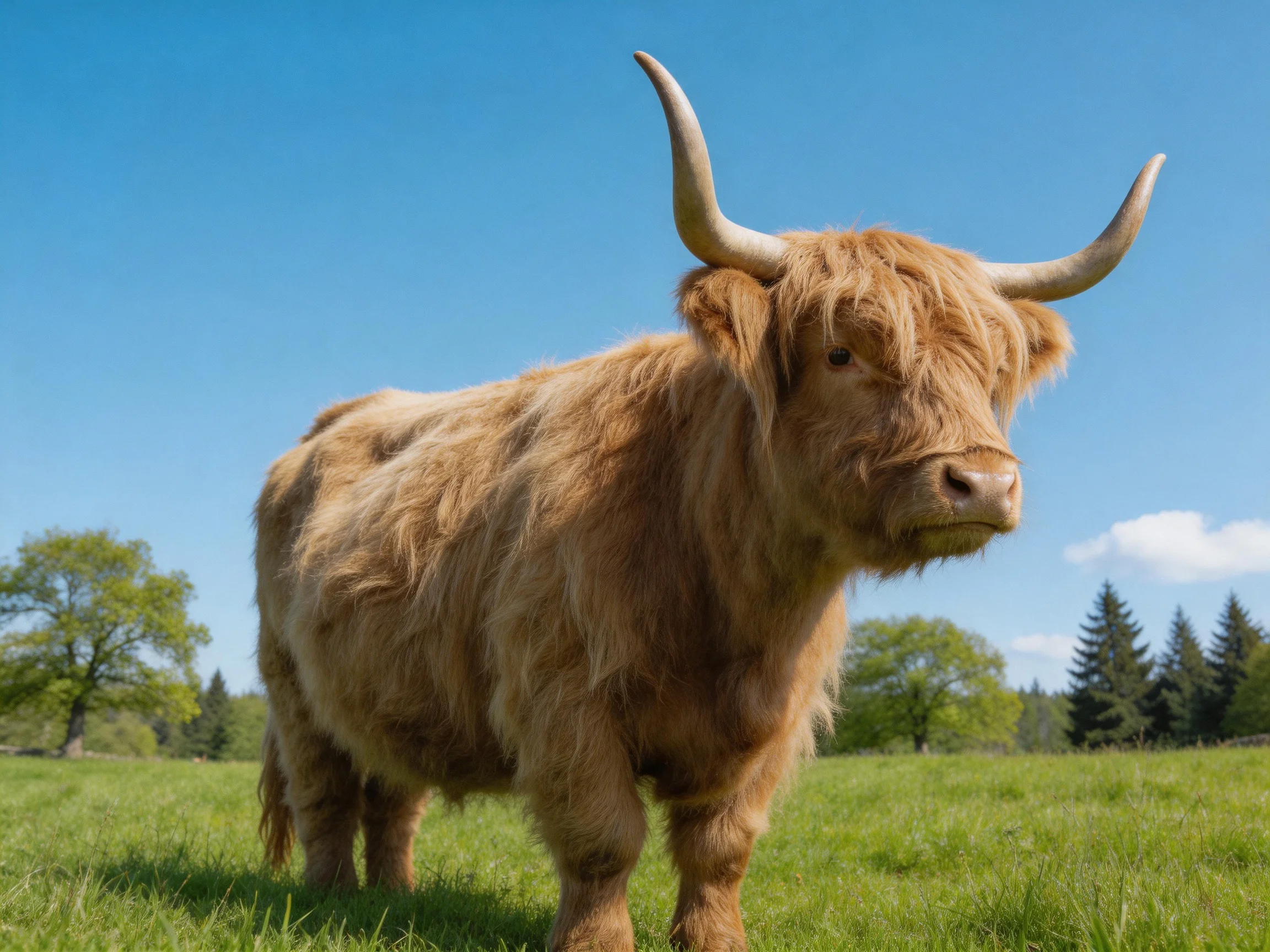 A shaggy brown Highland cow in a sunlit green meadow