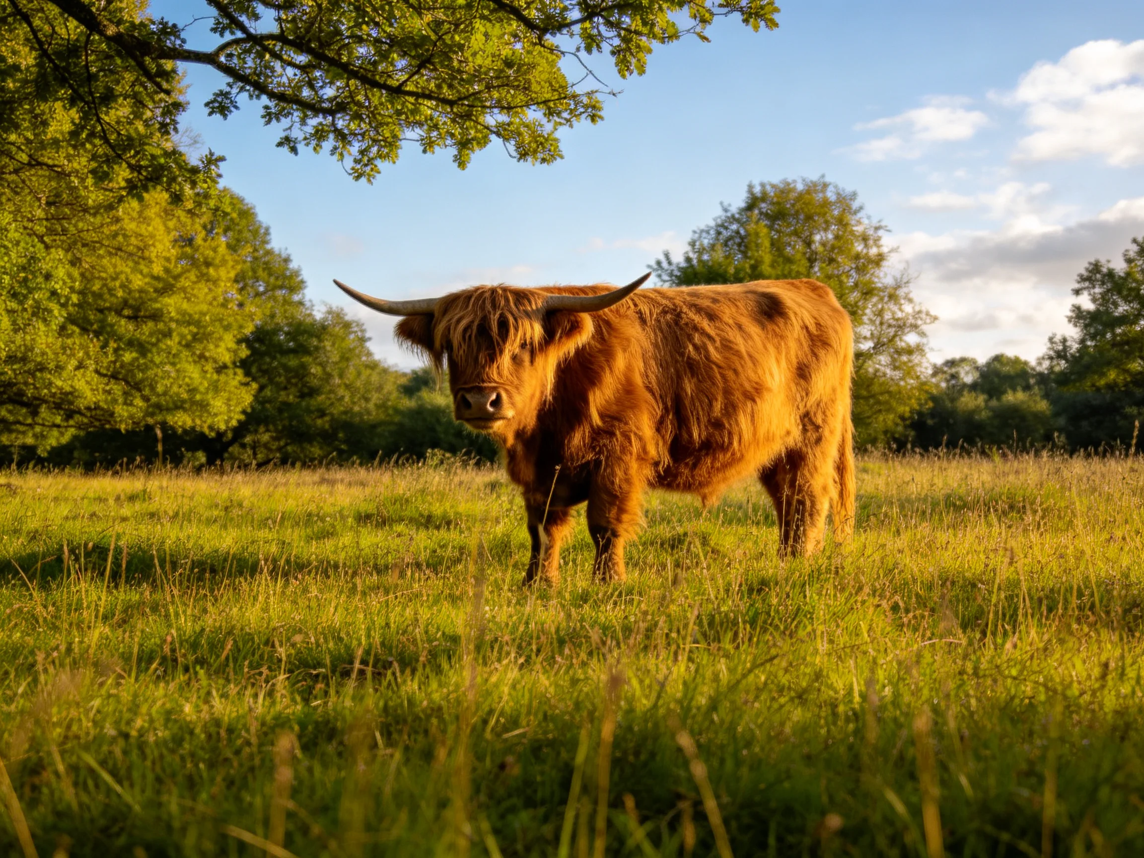 A shaggy brown Highland cow in a sunlit green meadow