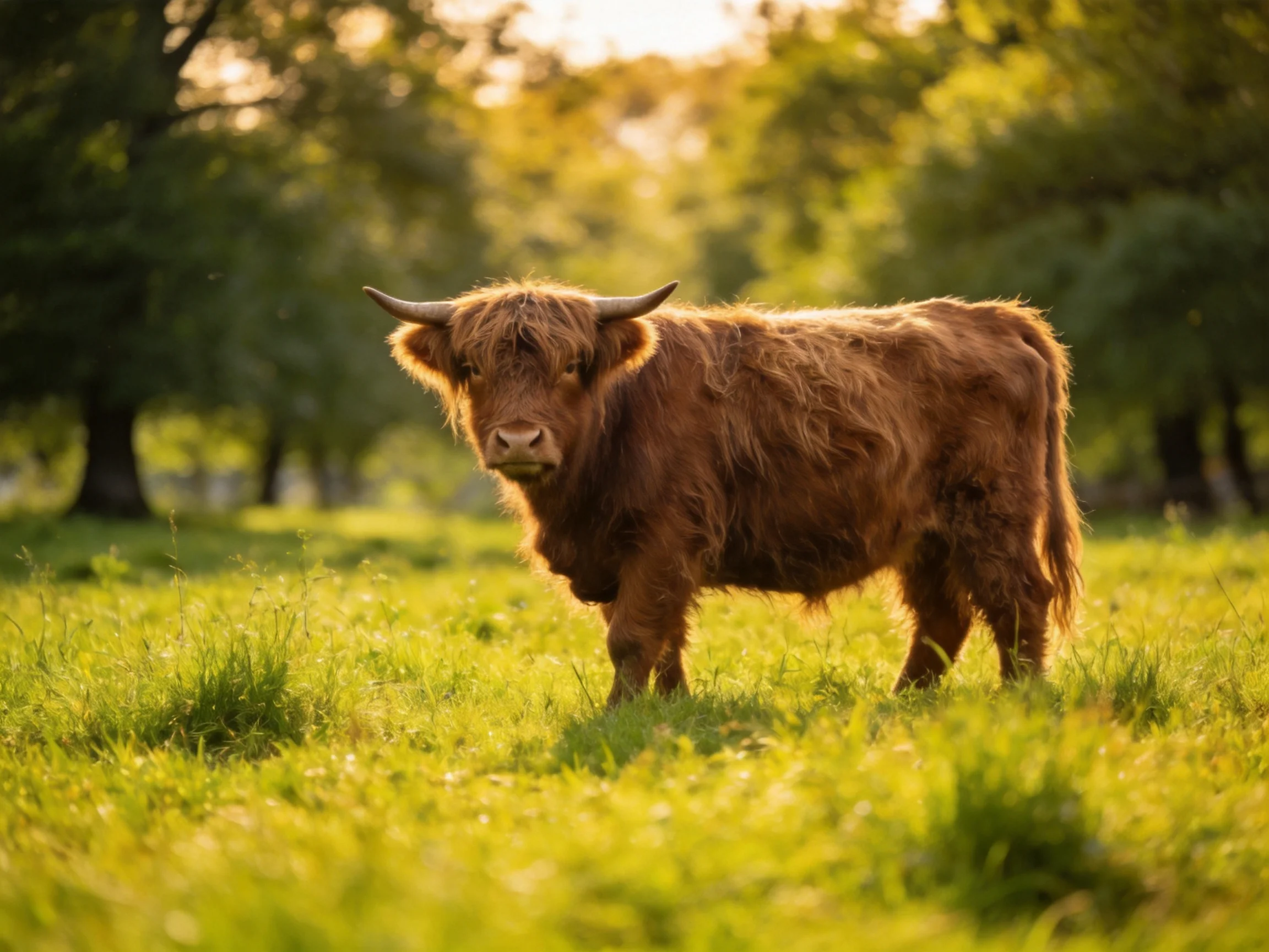 A shaggy brown Highland cow in a sunlit green meadow