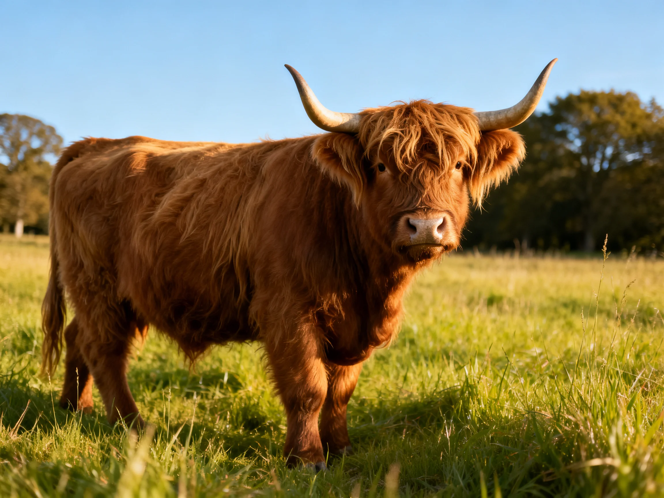 A shaggy brown Highland cow in a sunlit green meadow
