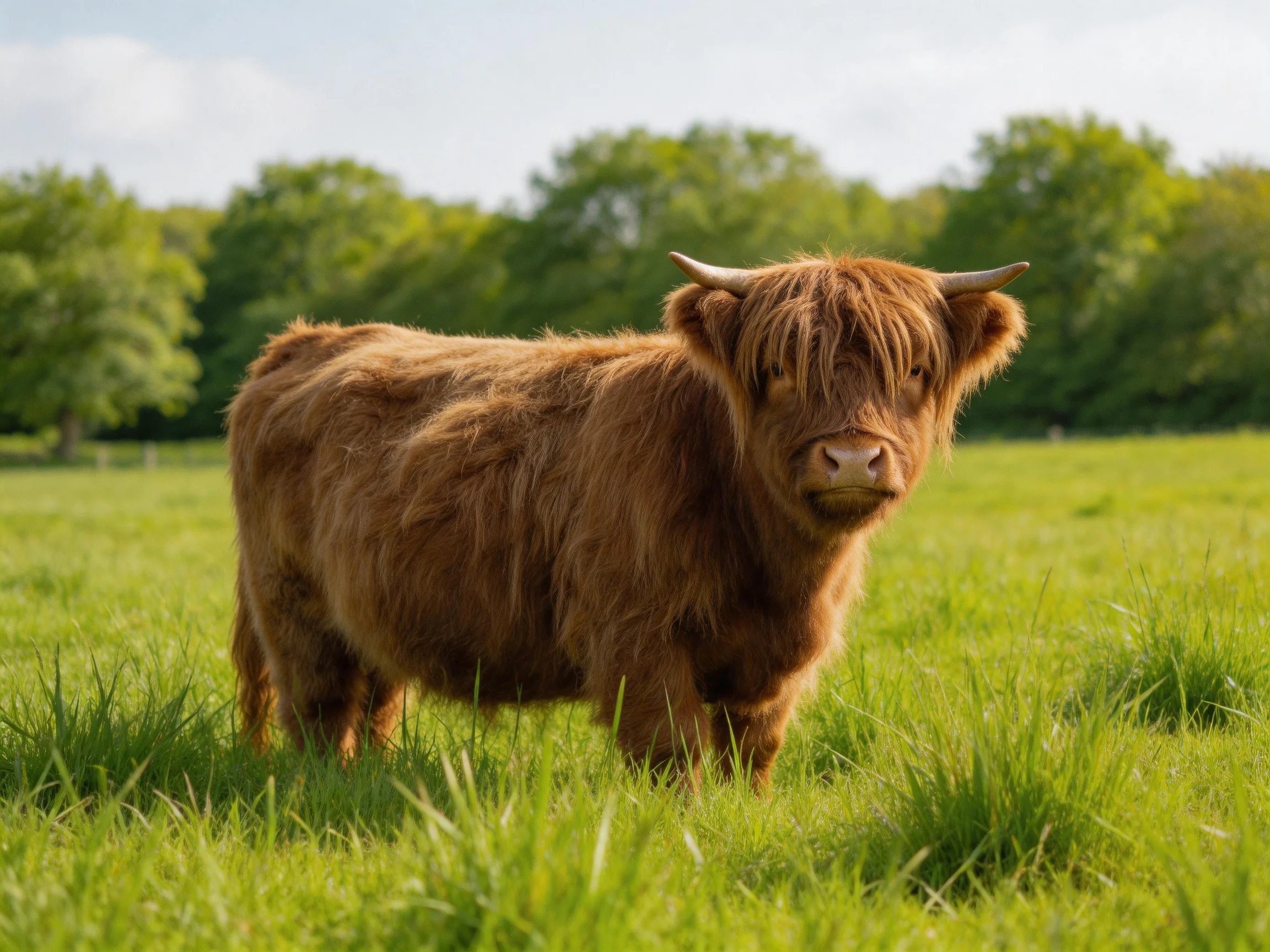 A shaggy brown Highland cow in a sunlit green meadow