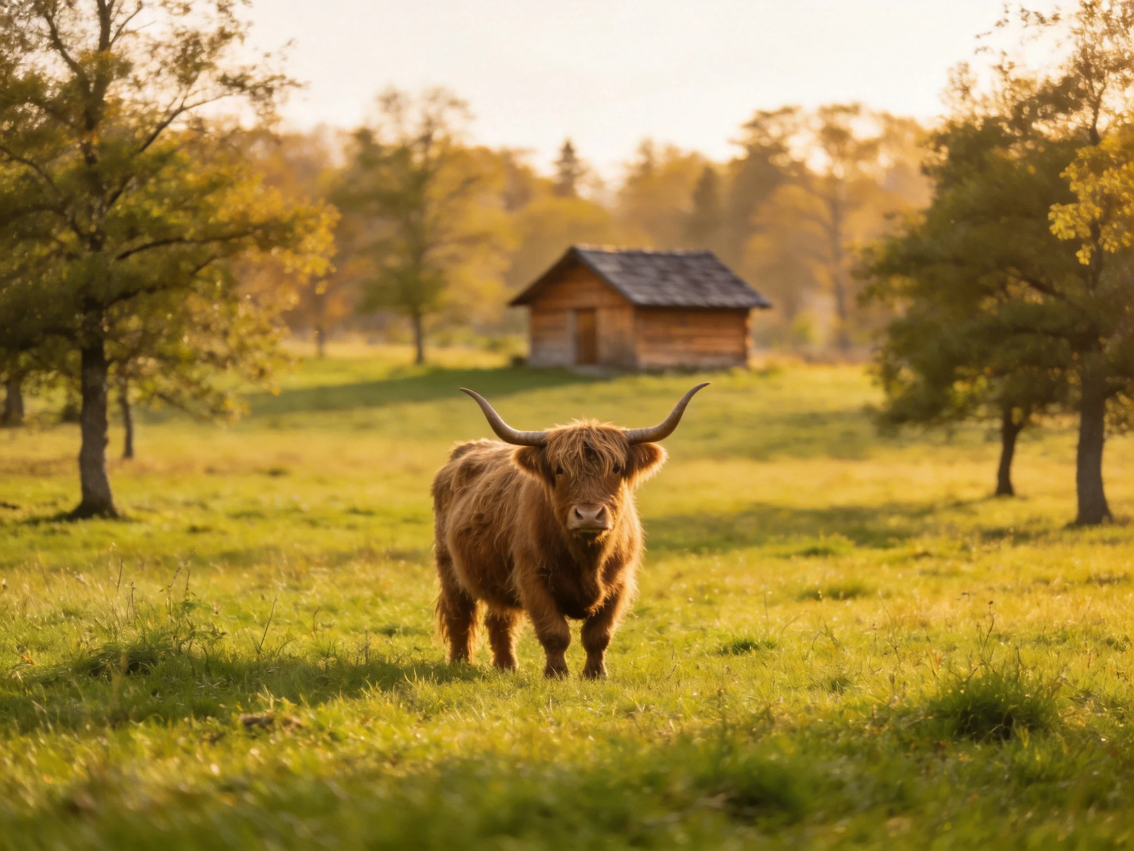 A shaggy brown Highland cow in a sunlit green meadow near a wooden cabin