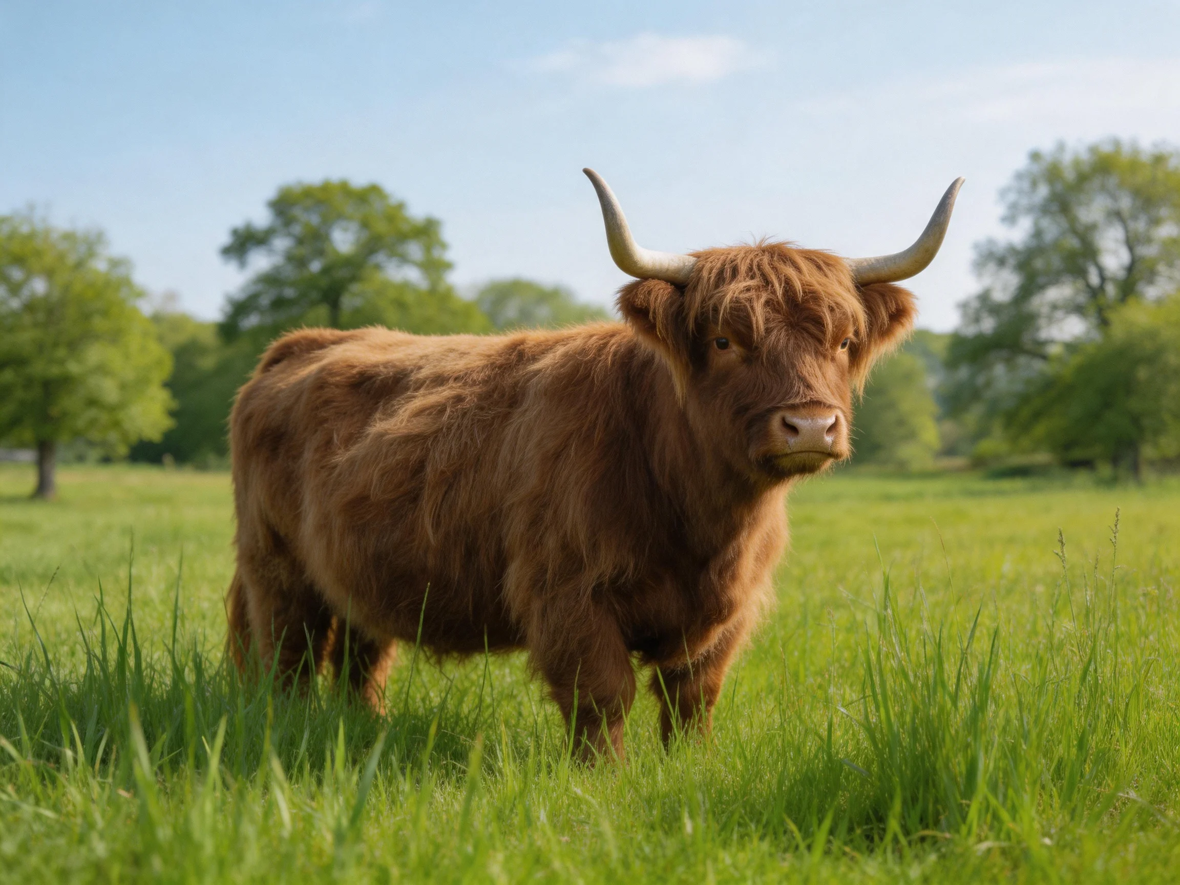 A shaggy brown Highland cow in a sunlit green meadow