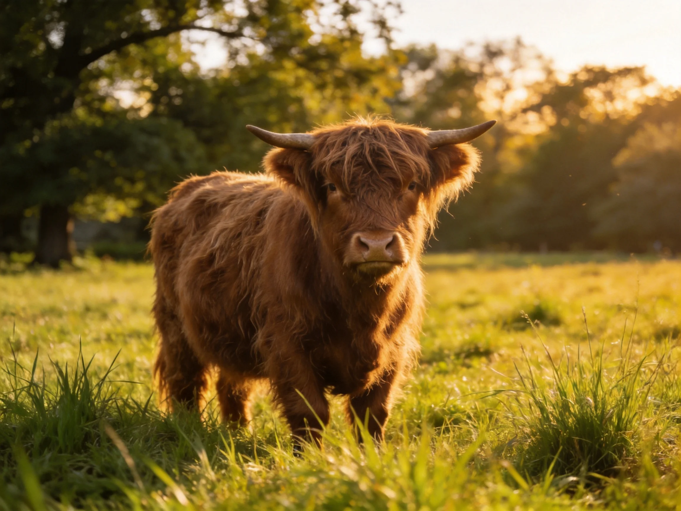 A shaggy brown Highland cow in a sunlit green meadow