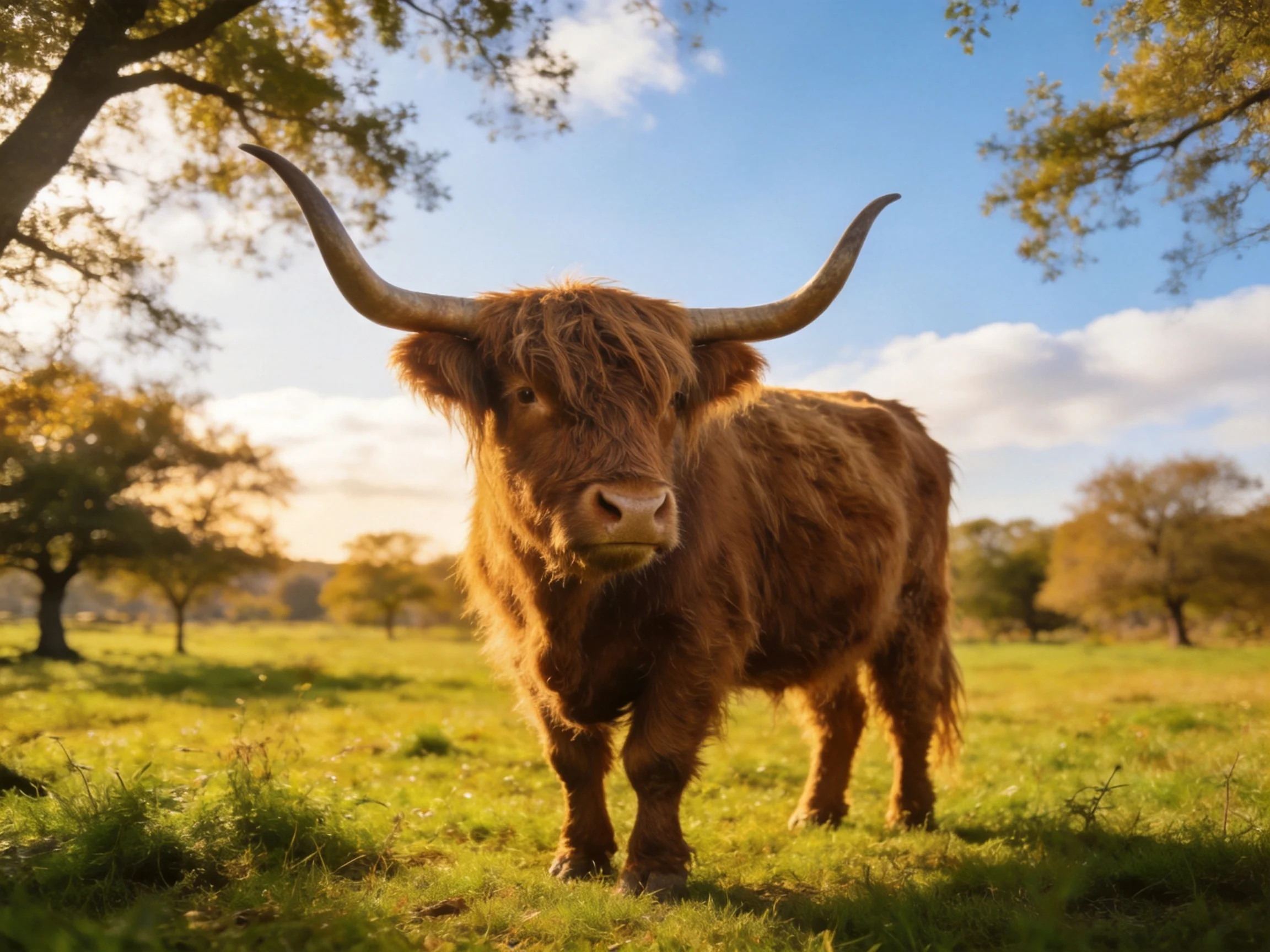 A shaggy brown Highland cow in a sunlit green meadow