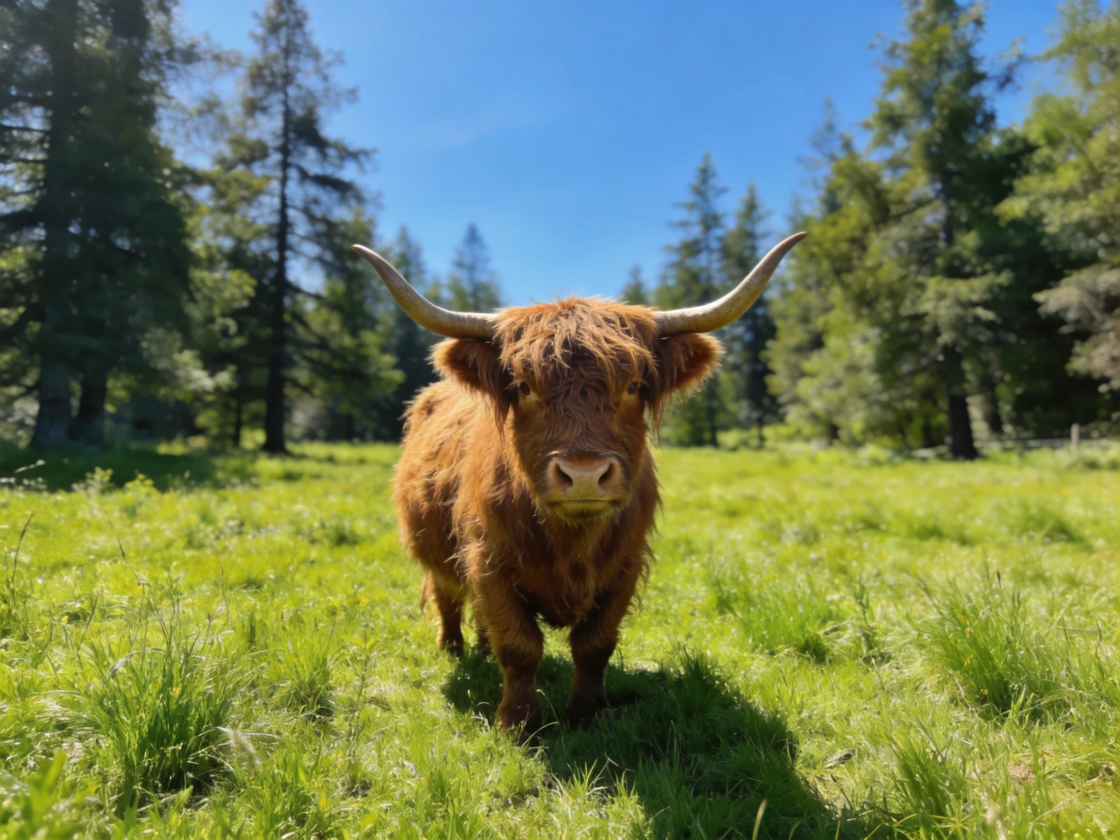 A shaggy brown Highland cow in a sunlit green meadow