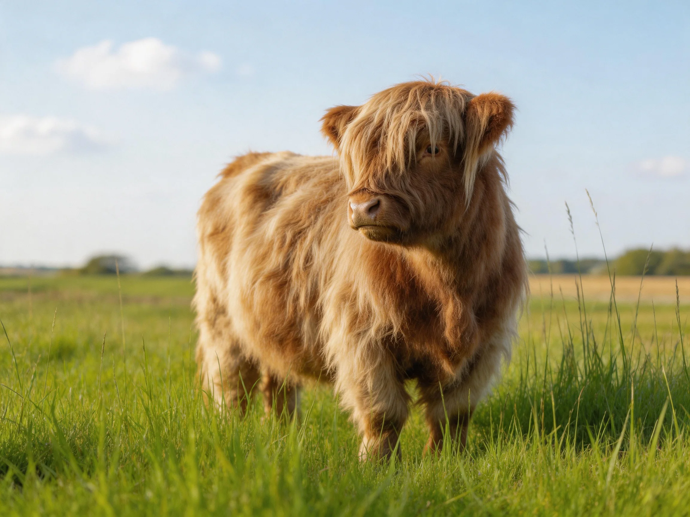 A shaggy brown Highland cow in a sunlit green meadow