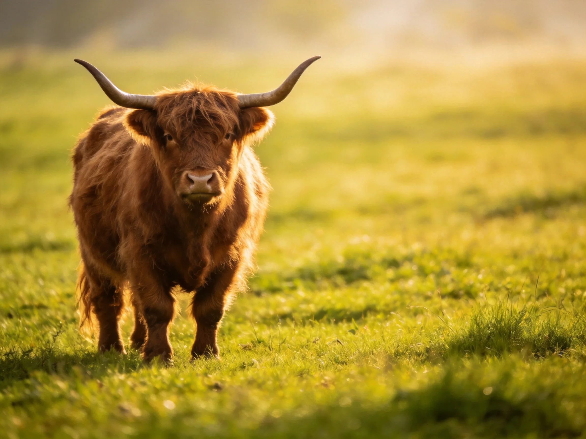 A shaggy brown Highland cow in a sunlit green meadow