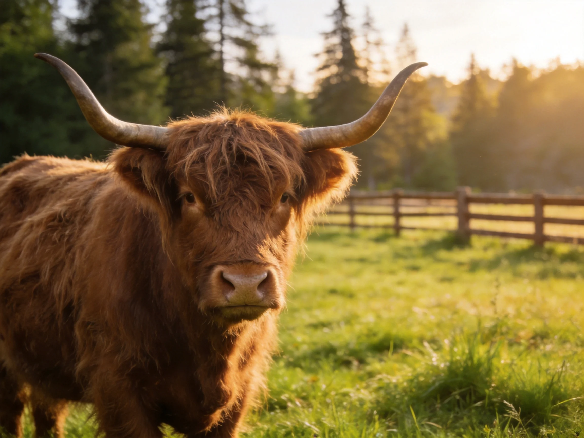 A shaggy brown Highland cow in a sunlit green pasture