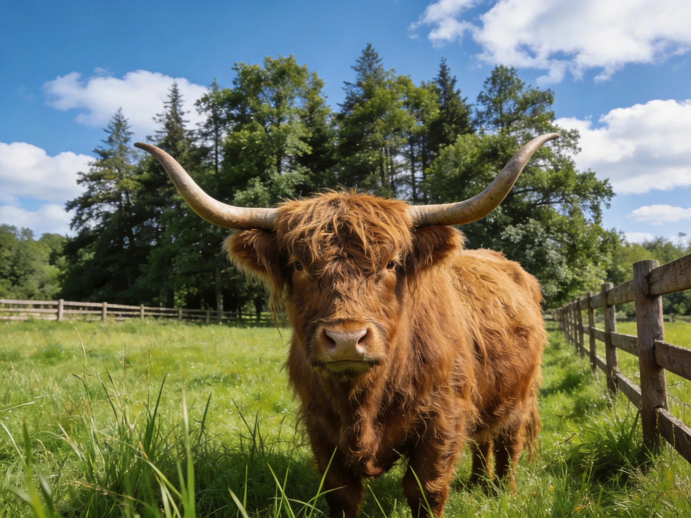 A shaggy brown Highland cow in a sunlit green pasture
