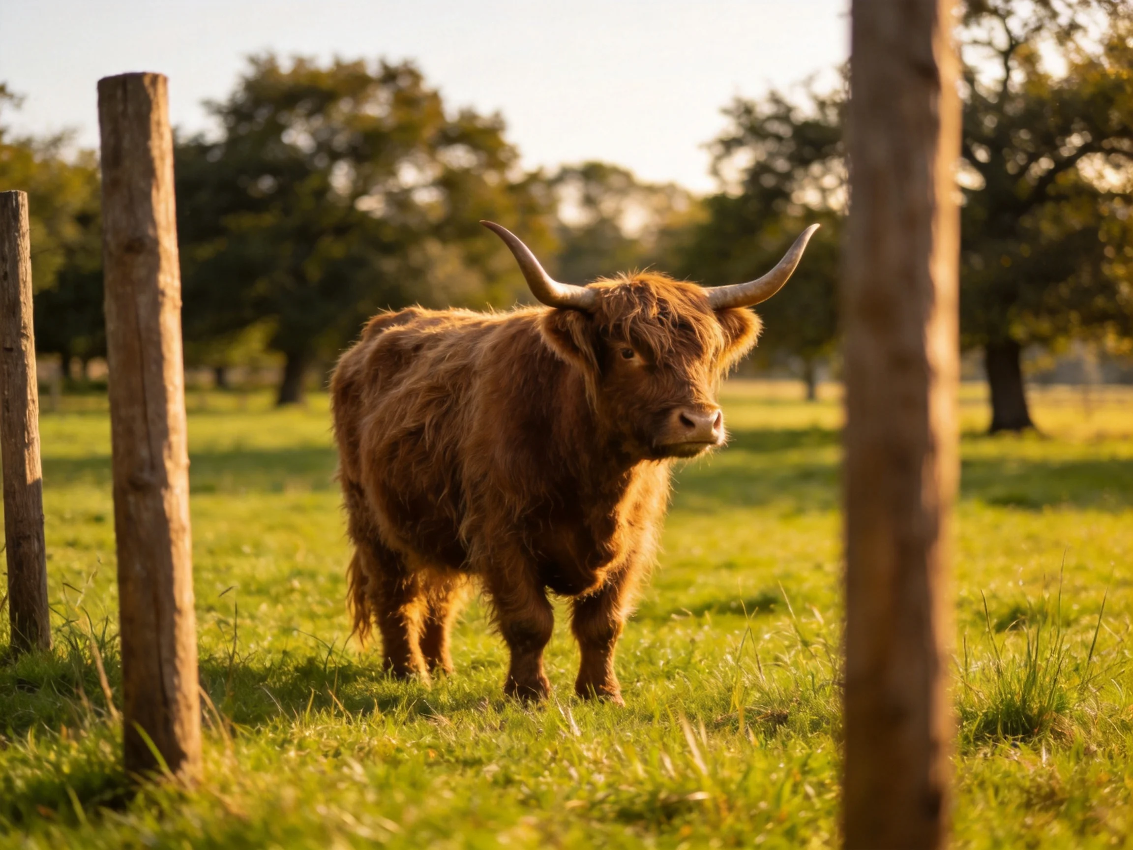 A shaggy brown Highland cow in a sunlit green pasture