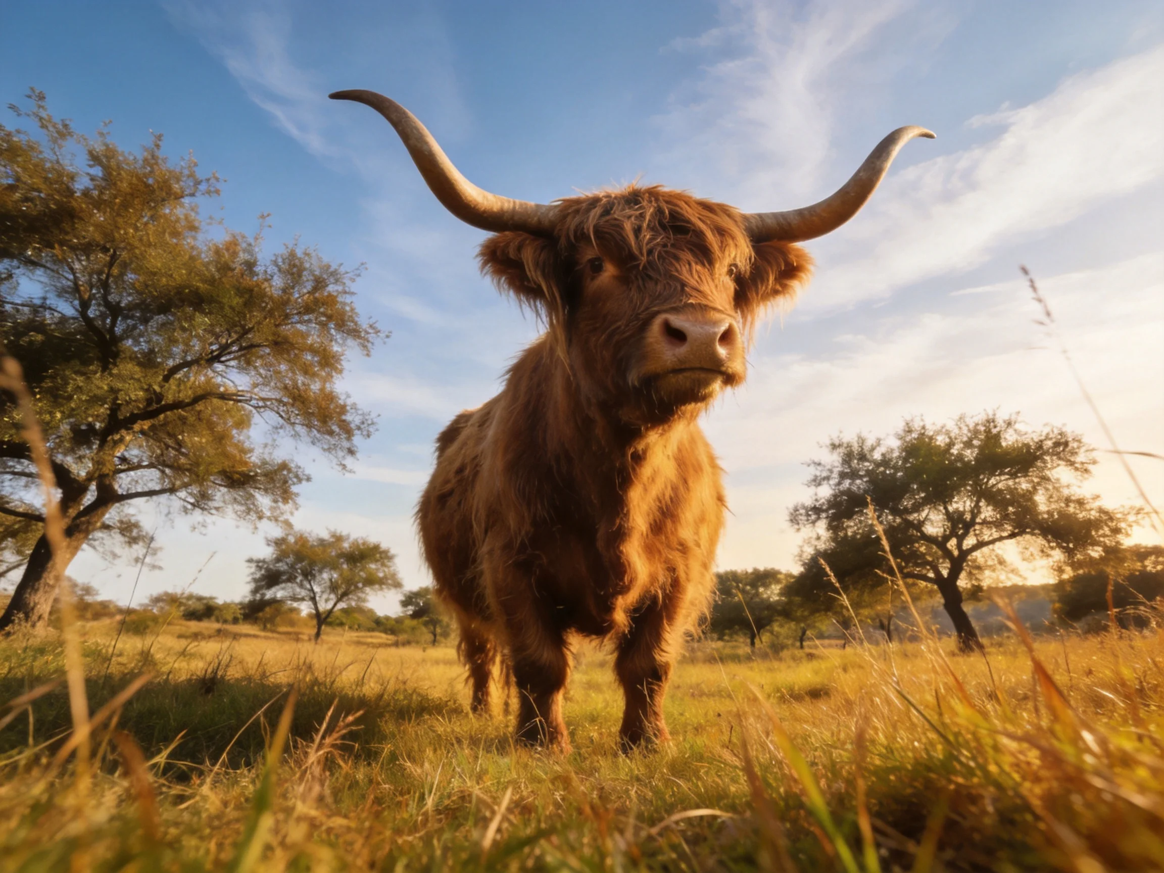 A shaggy brown Highland cow in a sunlit meadow