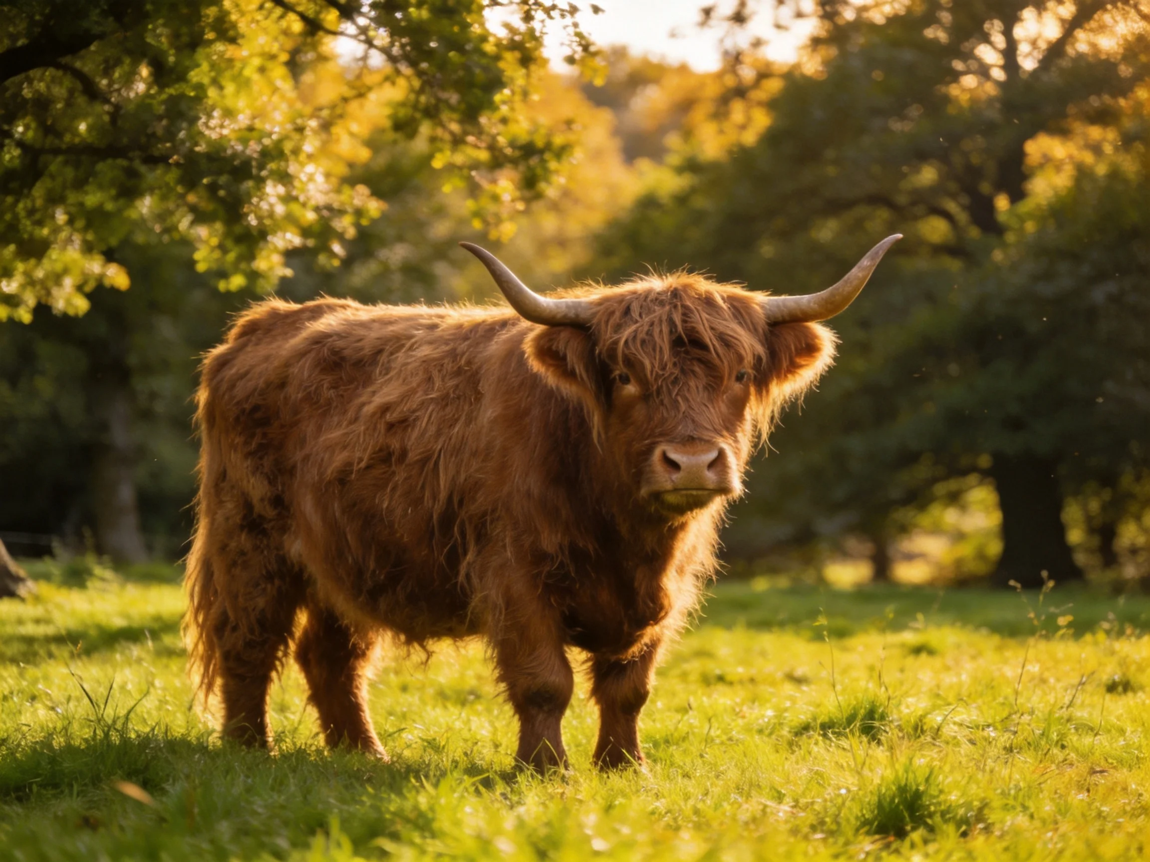 A shaggy brown Highland cow in a sunlit meadow