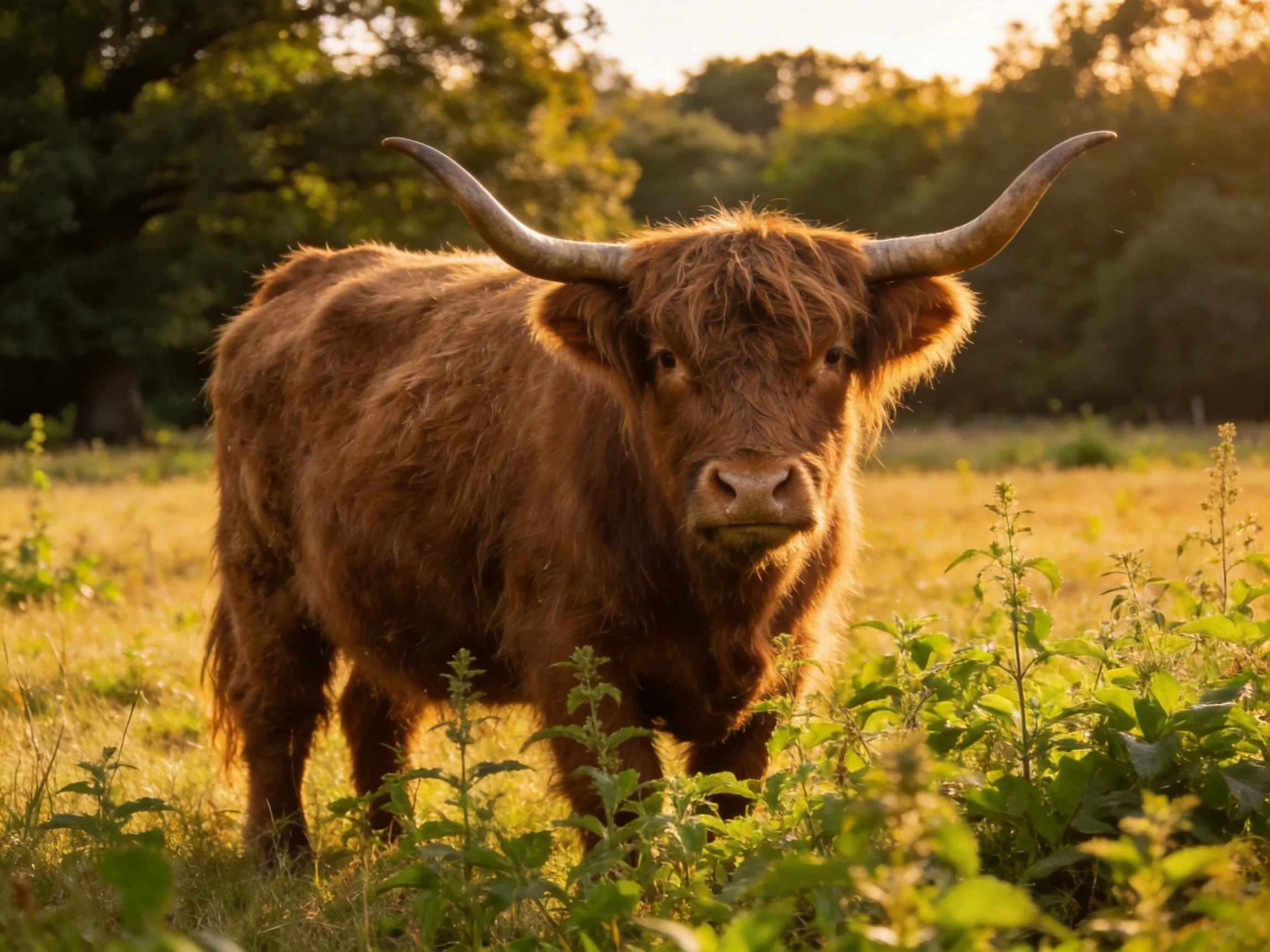 A shaggy brown Highland cow in a sunlit meadow with tall greenery