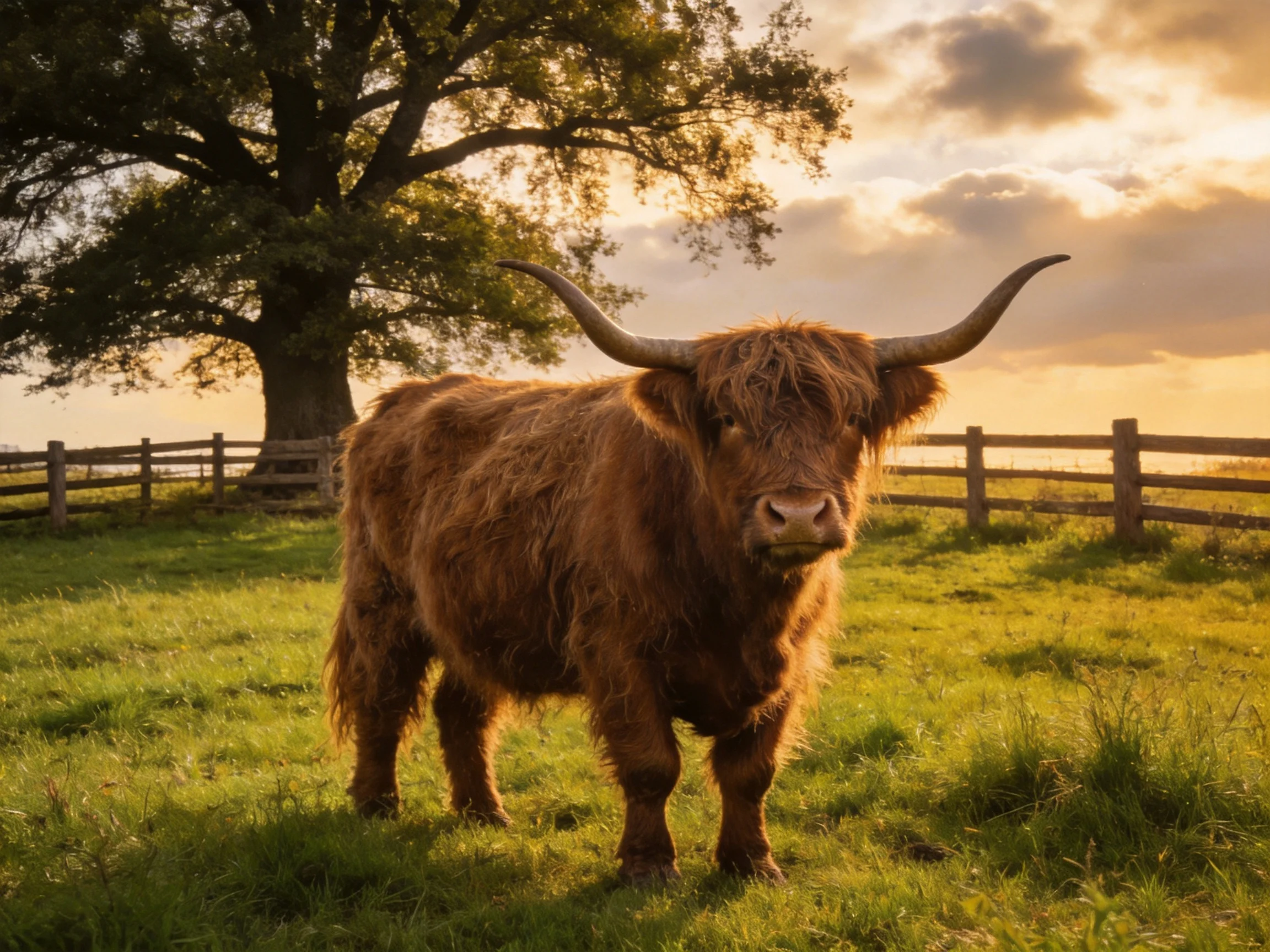 A shaggy brown Highland cow in a sunlit pasture near a large oak tree