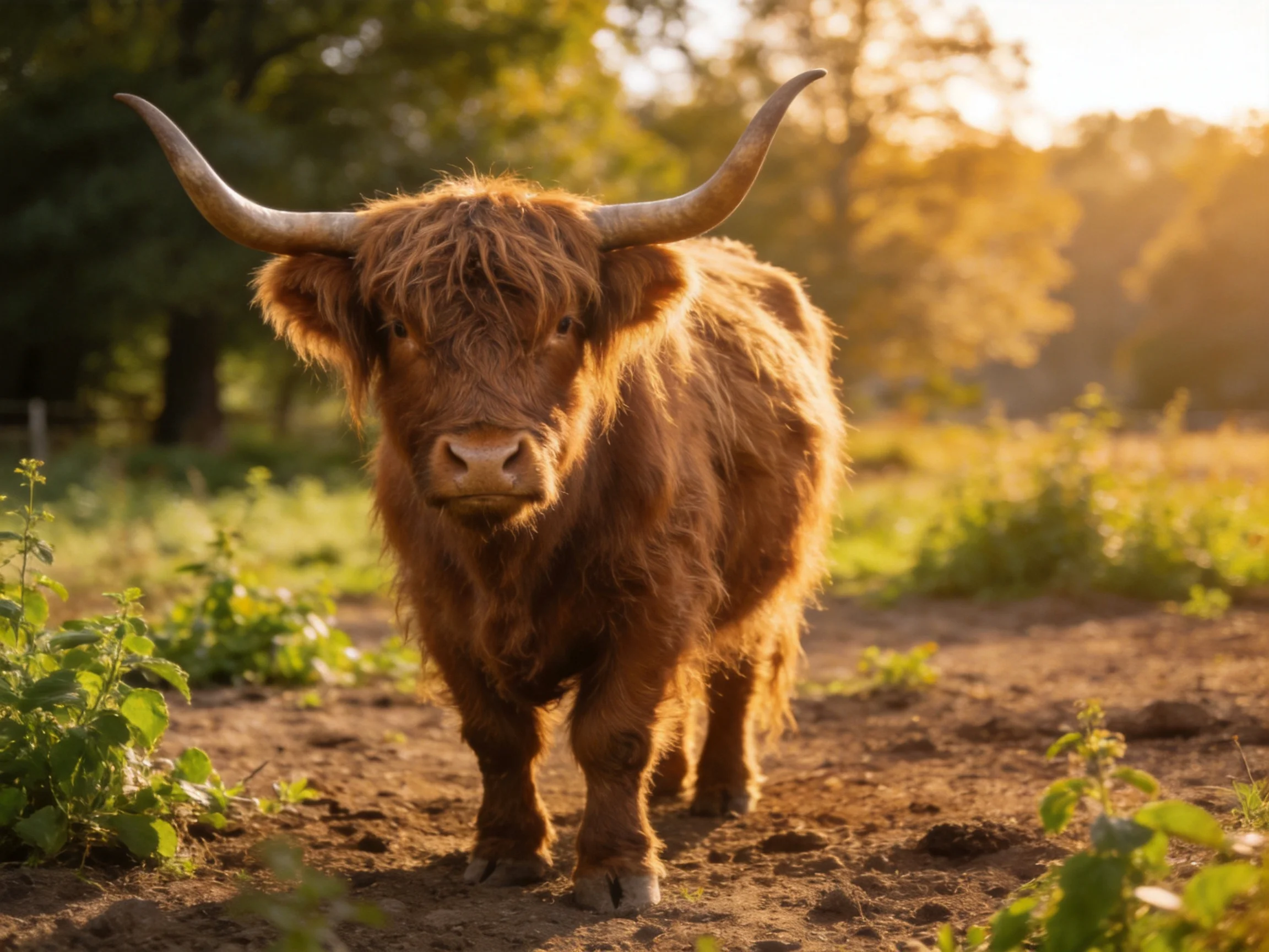 A shaggy brown Highland cow in a sunlit rural setting