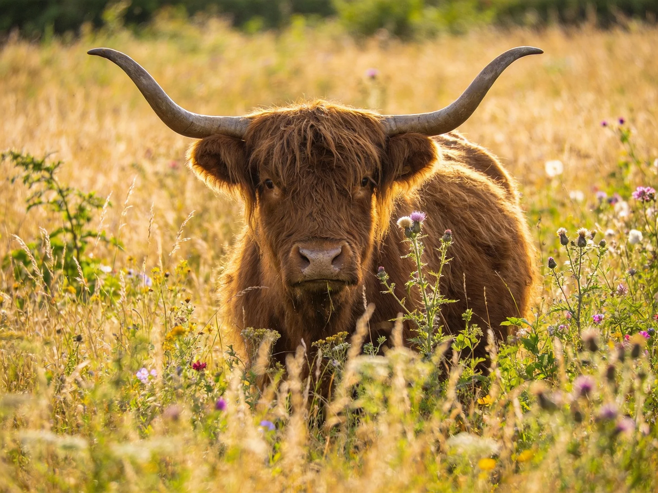 A shaggy brown Highland cow in a sunlit wildflower meadow