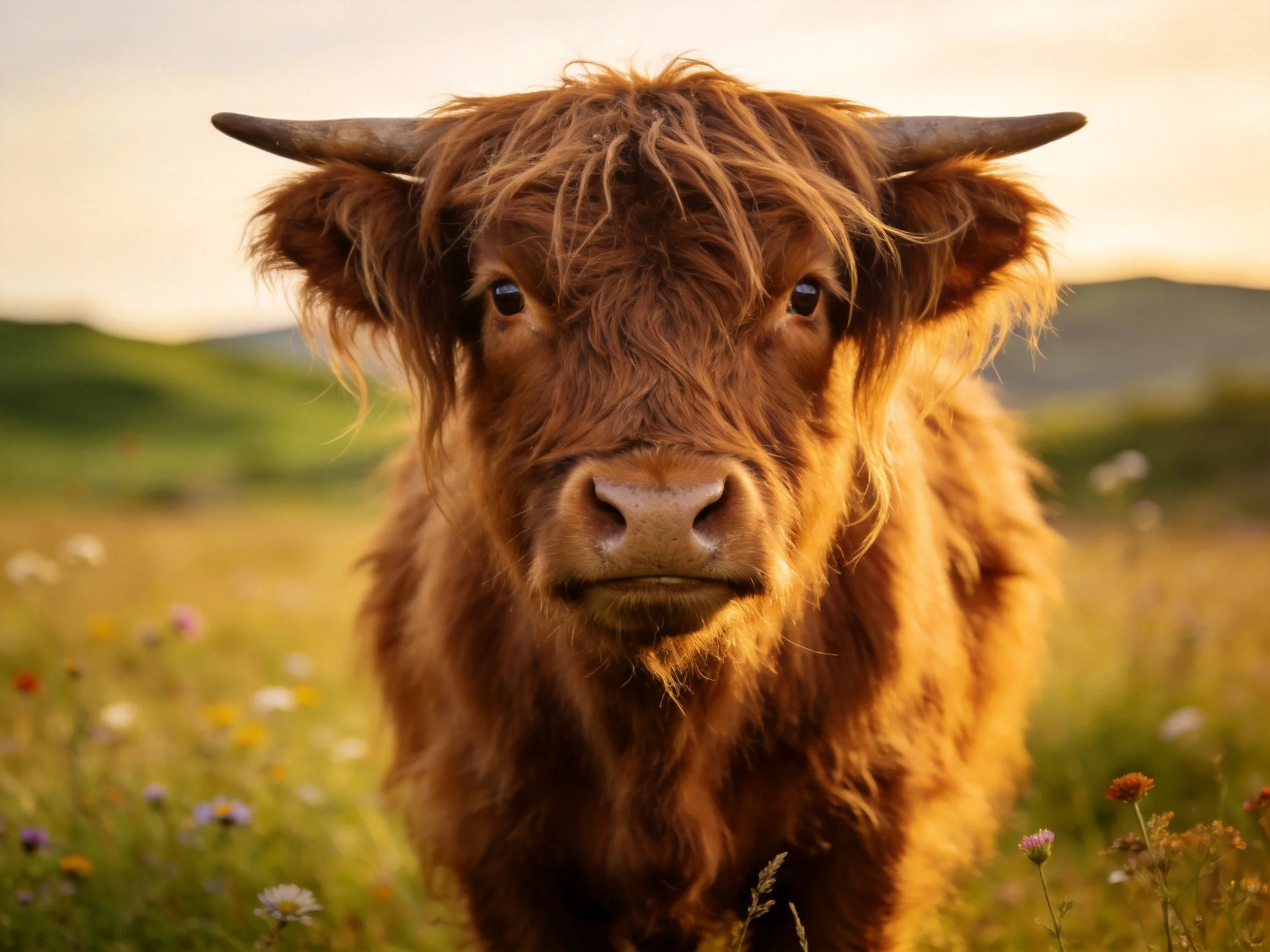 A shaggy brown Highland cow in a sunlit wildflower meadow