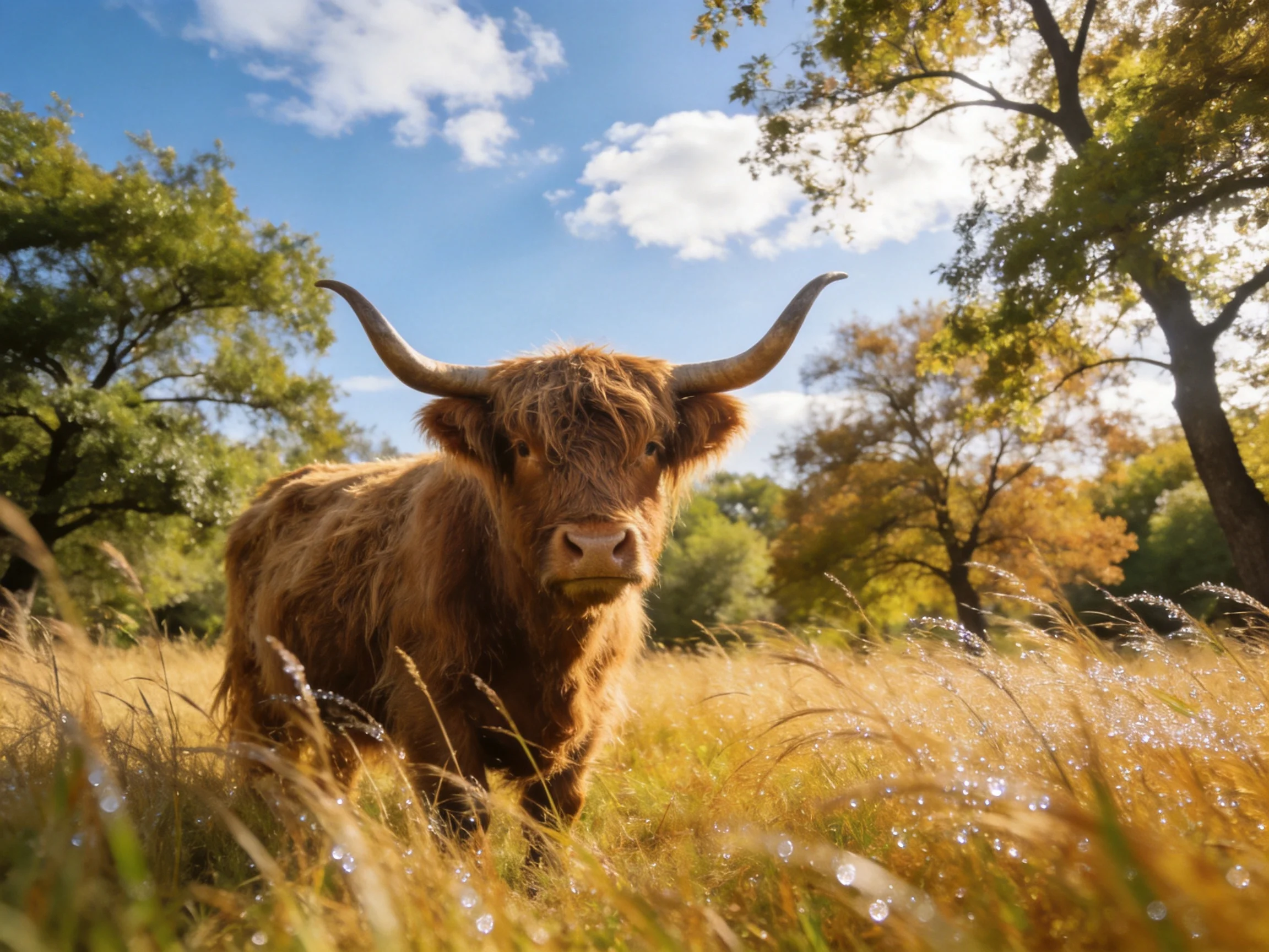 A shaggy brown Highland cow in golden grass near autumnal trees