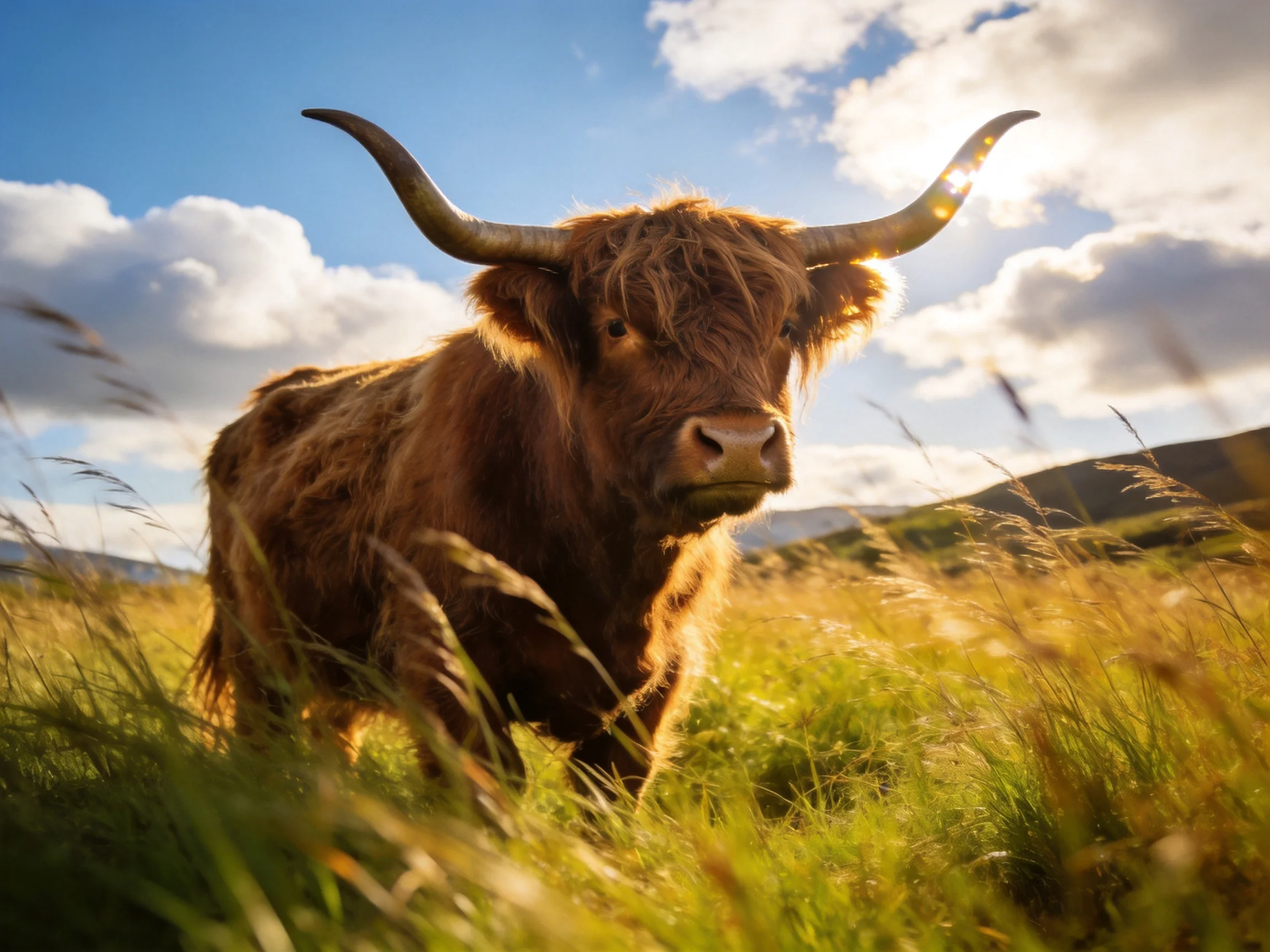 A shaggy brown Highland cow in golden grass under bright blue skies