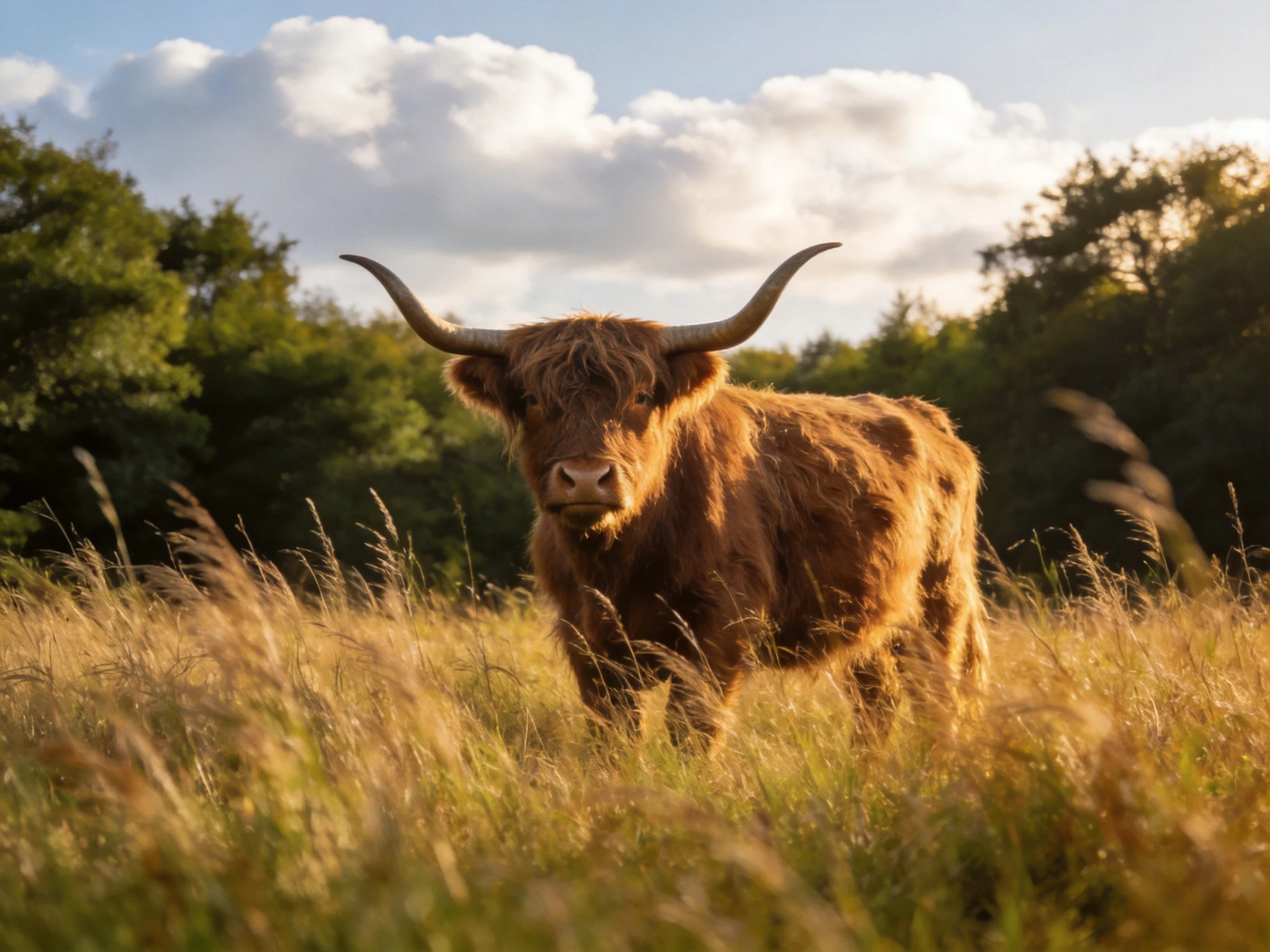 A shaggy brown Highland cow in golden grass with green trees