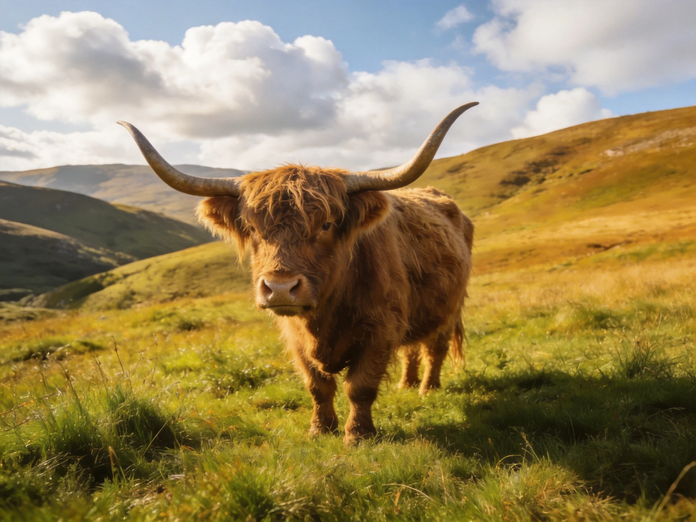 A shaggy brown Highland cow in golden grassy hills