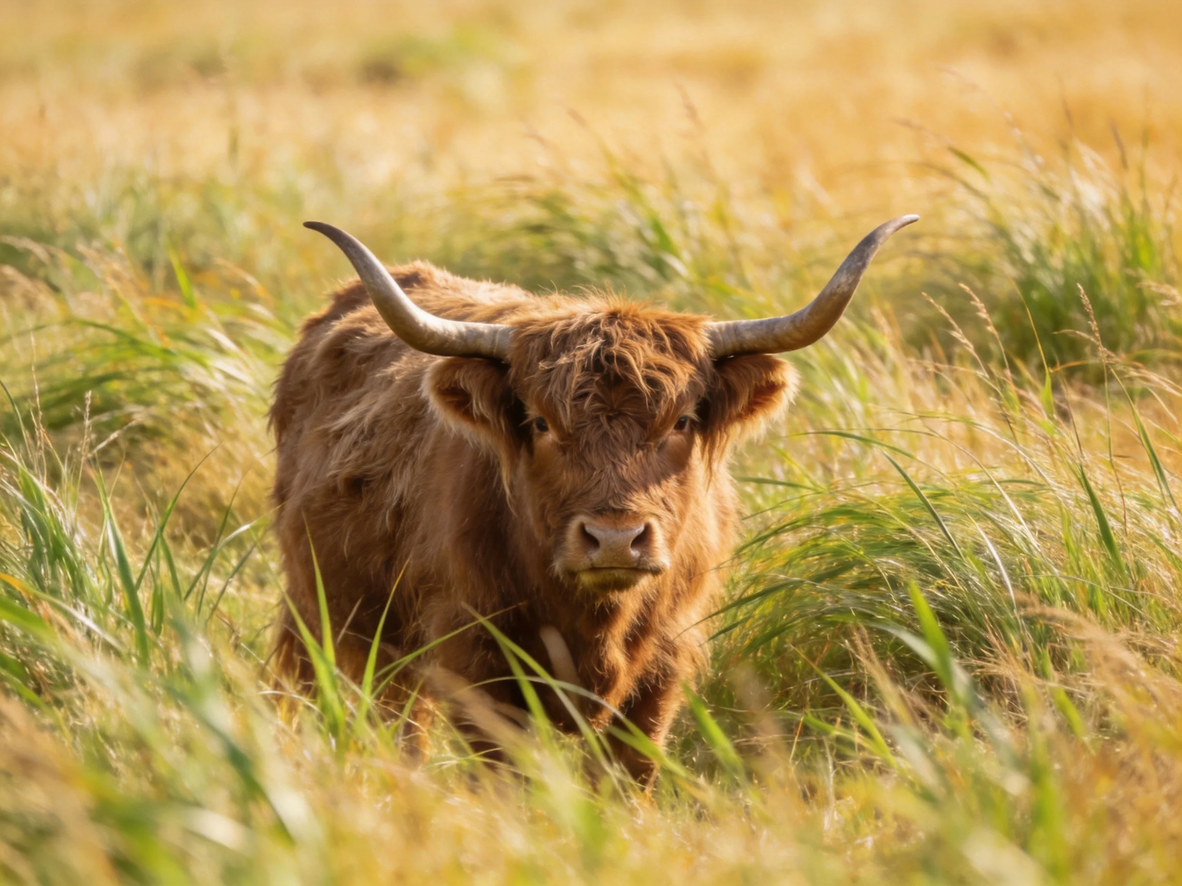 A shaggy brown Highland cow in golden-green tall grass