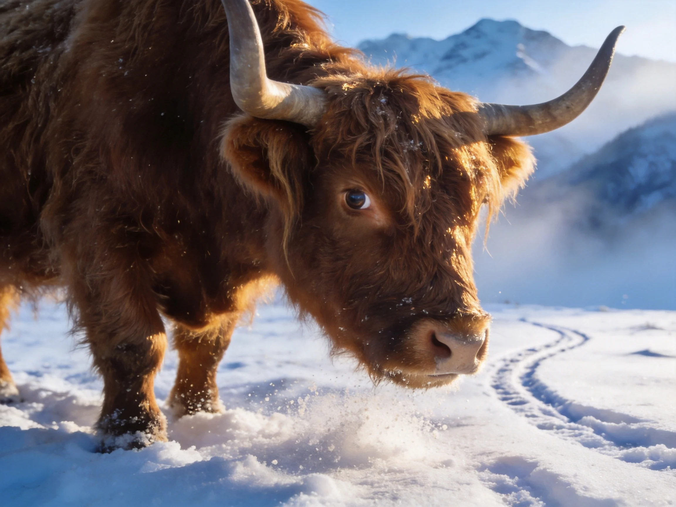 A shaggy brown Highland cow in snowy mountainous area