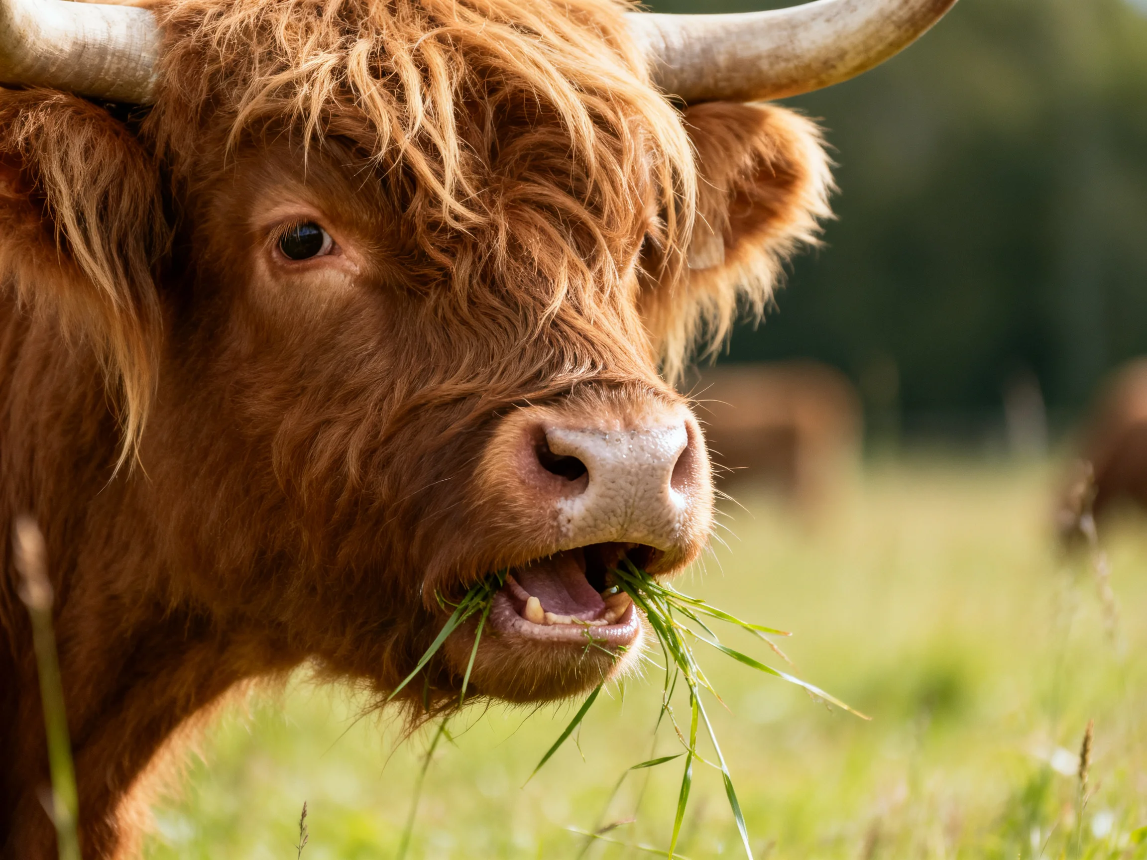 A shaggy brown Highland cow eats grass in a sunlit meadow.