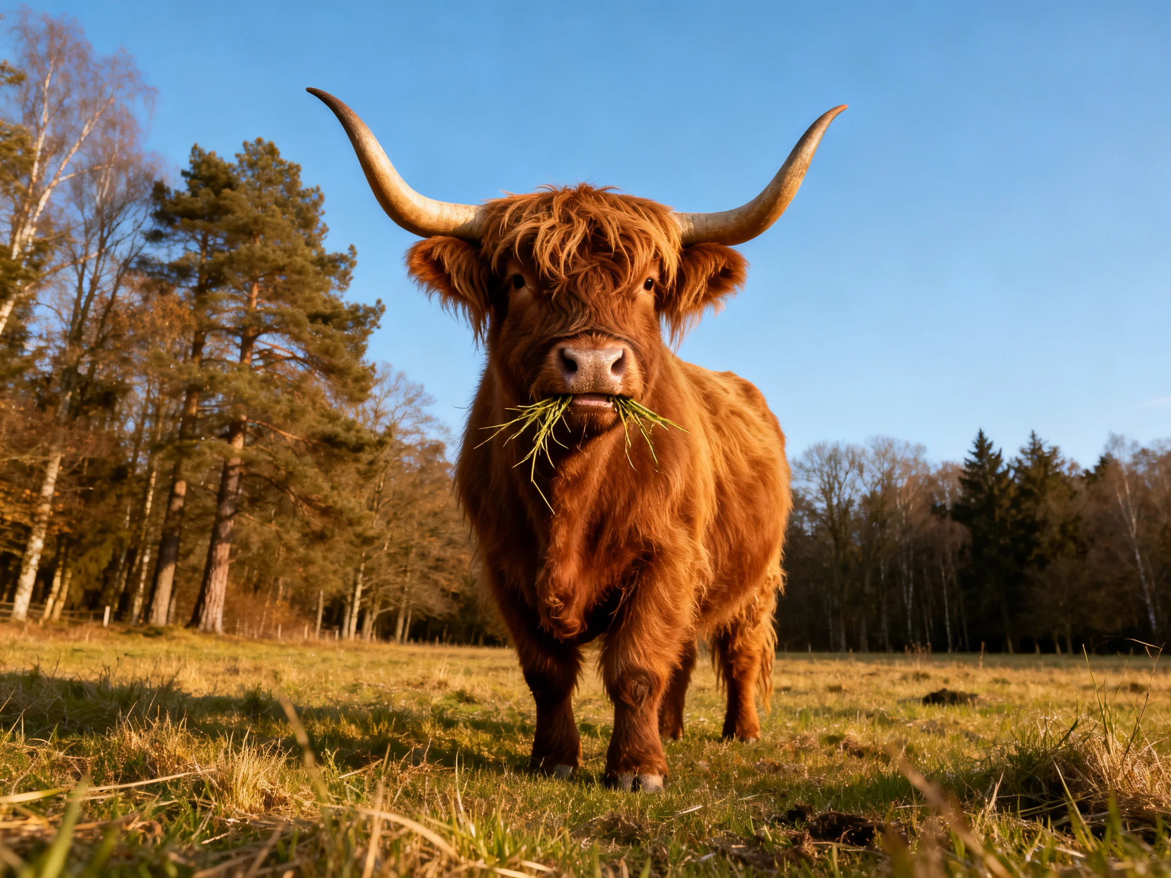 A shaggy brown Highland cow munches grass in a sunlit meadow